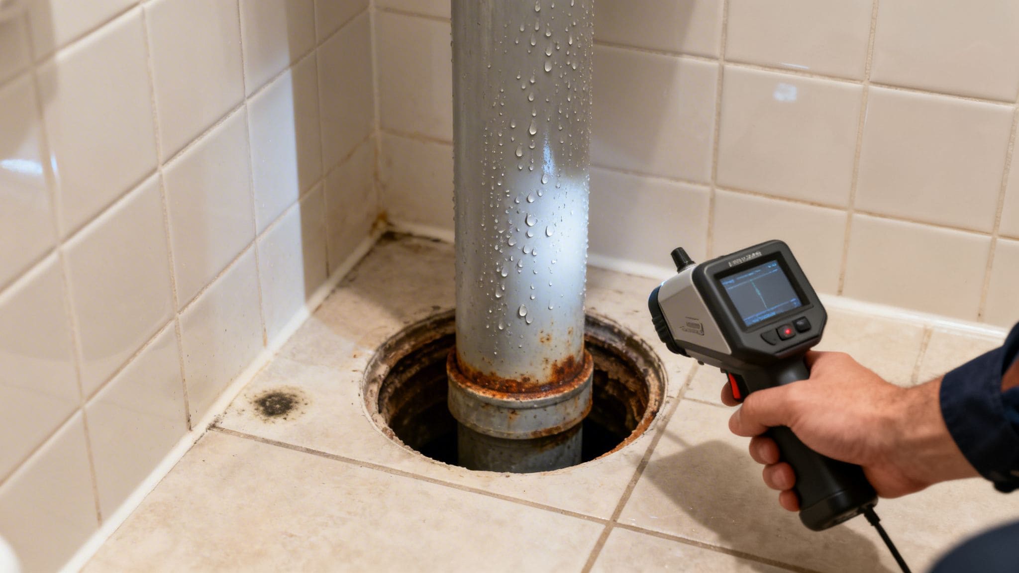 Mål af faldstamme med digital måler i badeværelse.