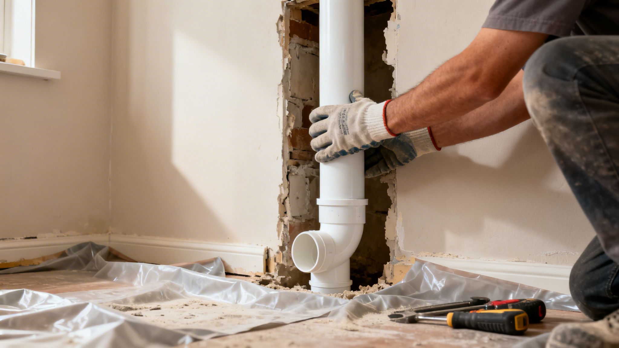 En person installerer et hvidt PVC-rør i en vægåbning, med værktøj og beskyttende plastik på gulvet.