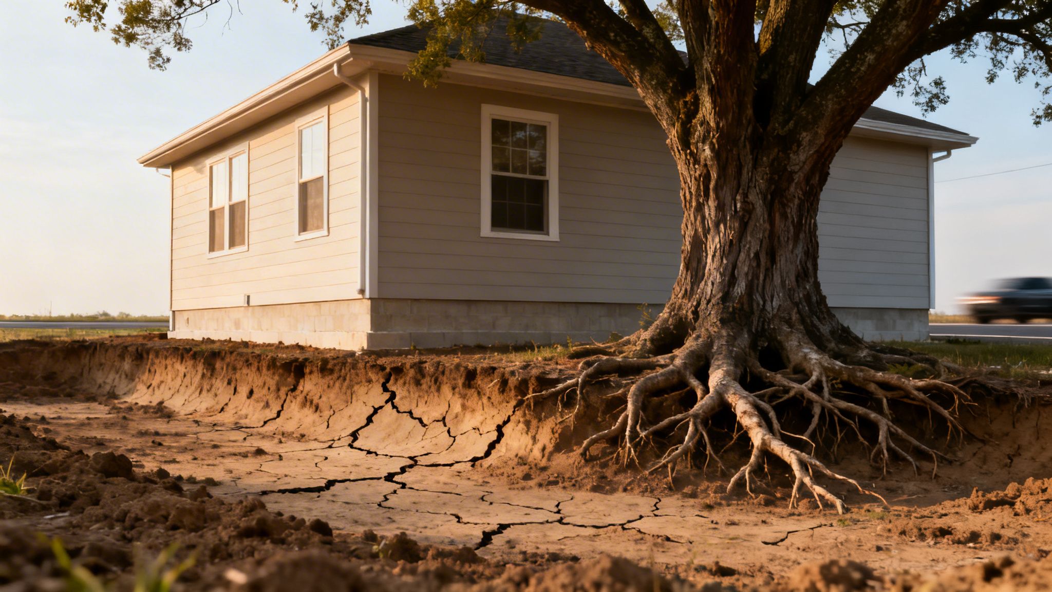Et hus og et stort træ med synlige rødder står på tør, revnet jord, der indikerer sætningsskader.