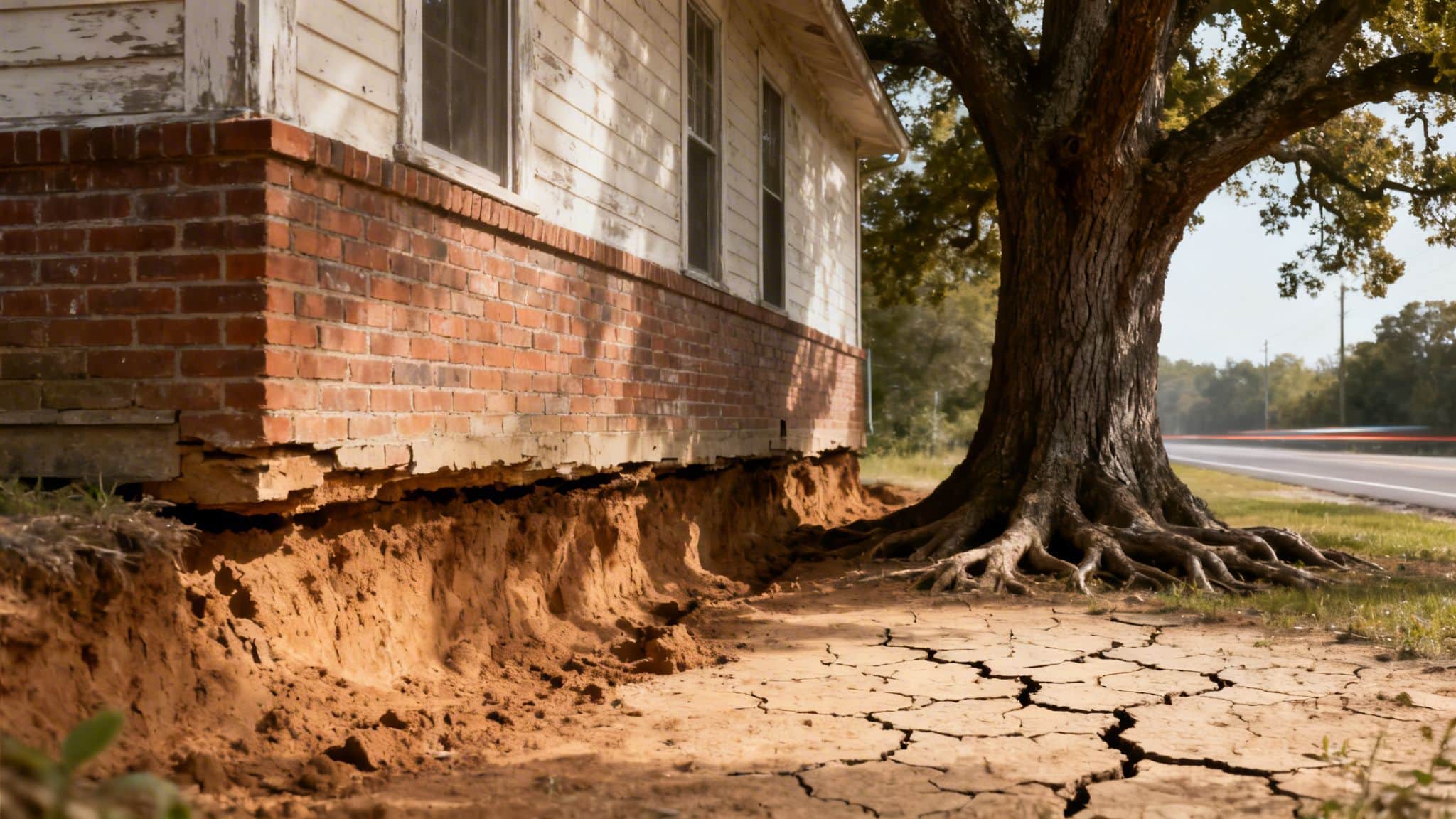 Billedet viser en ældre husfacade med tydelige tegn på sætningsskader og jordskred.