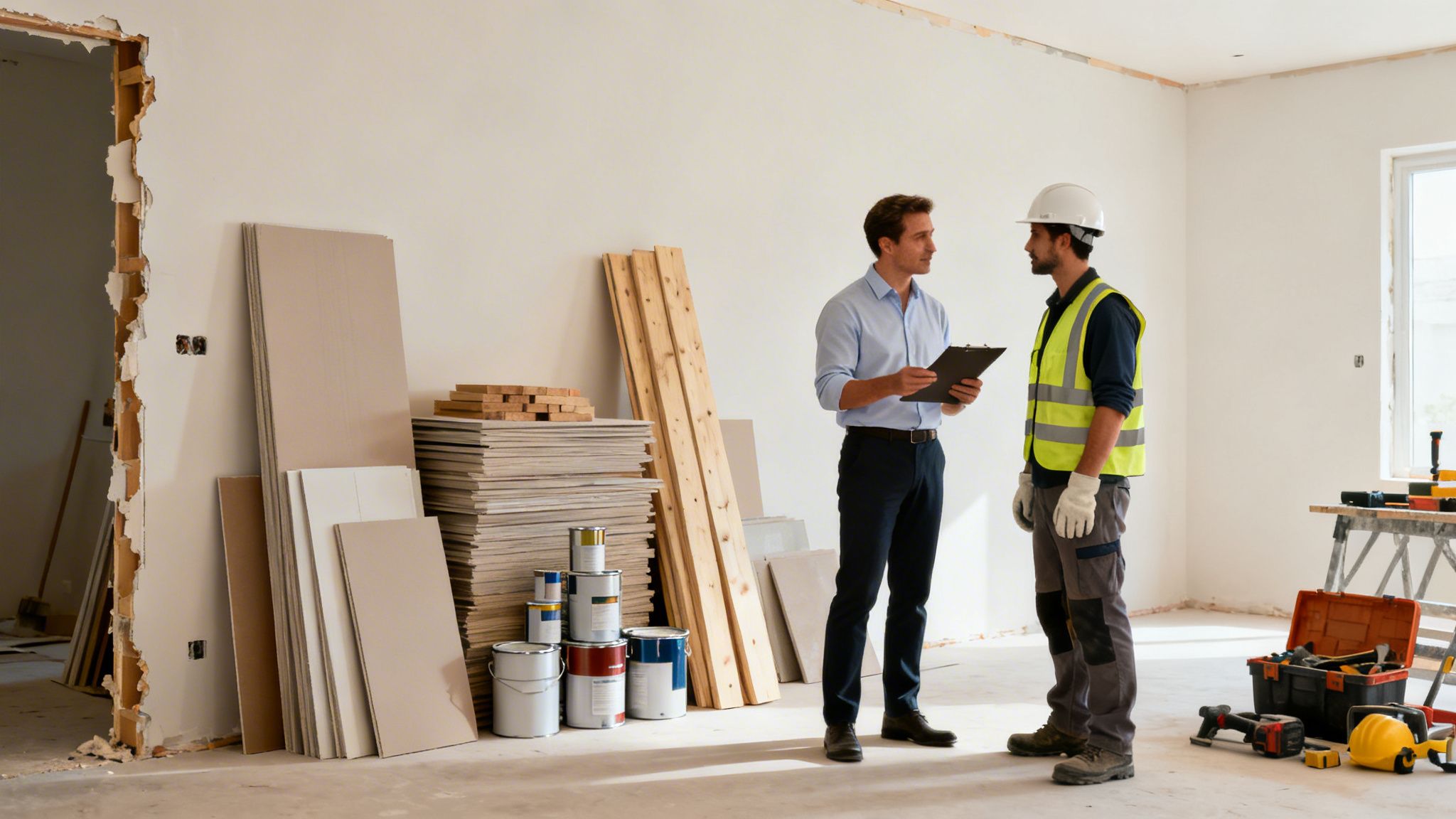 To mænd, en byggeleder og en bygningsarbejder, diskuterer renoveringsplaner i et hus med byggematerialer.