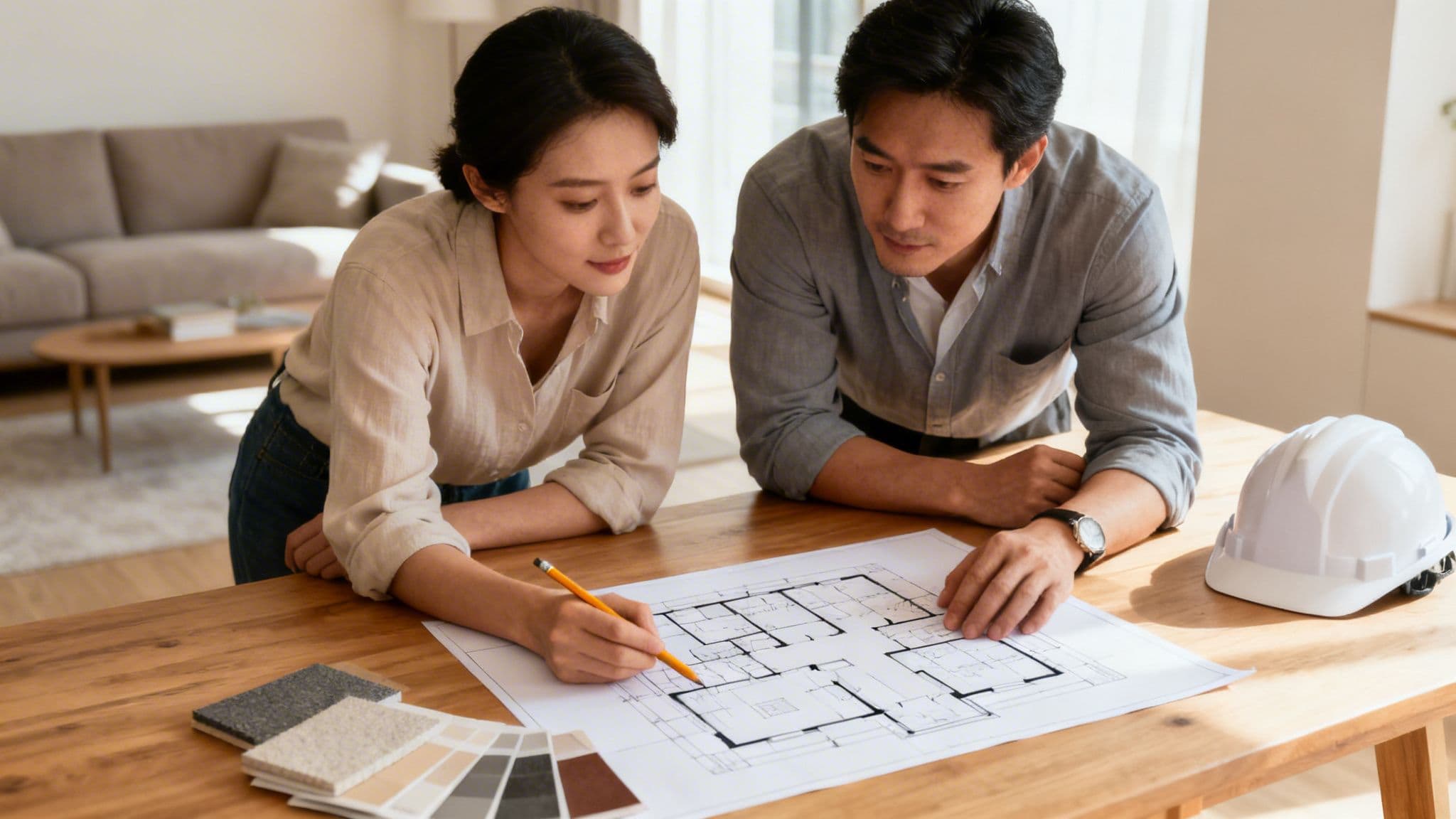Par gennemgår husplaner med arkitekt, klar til totalrenovering.