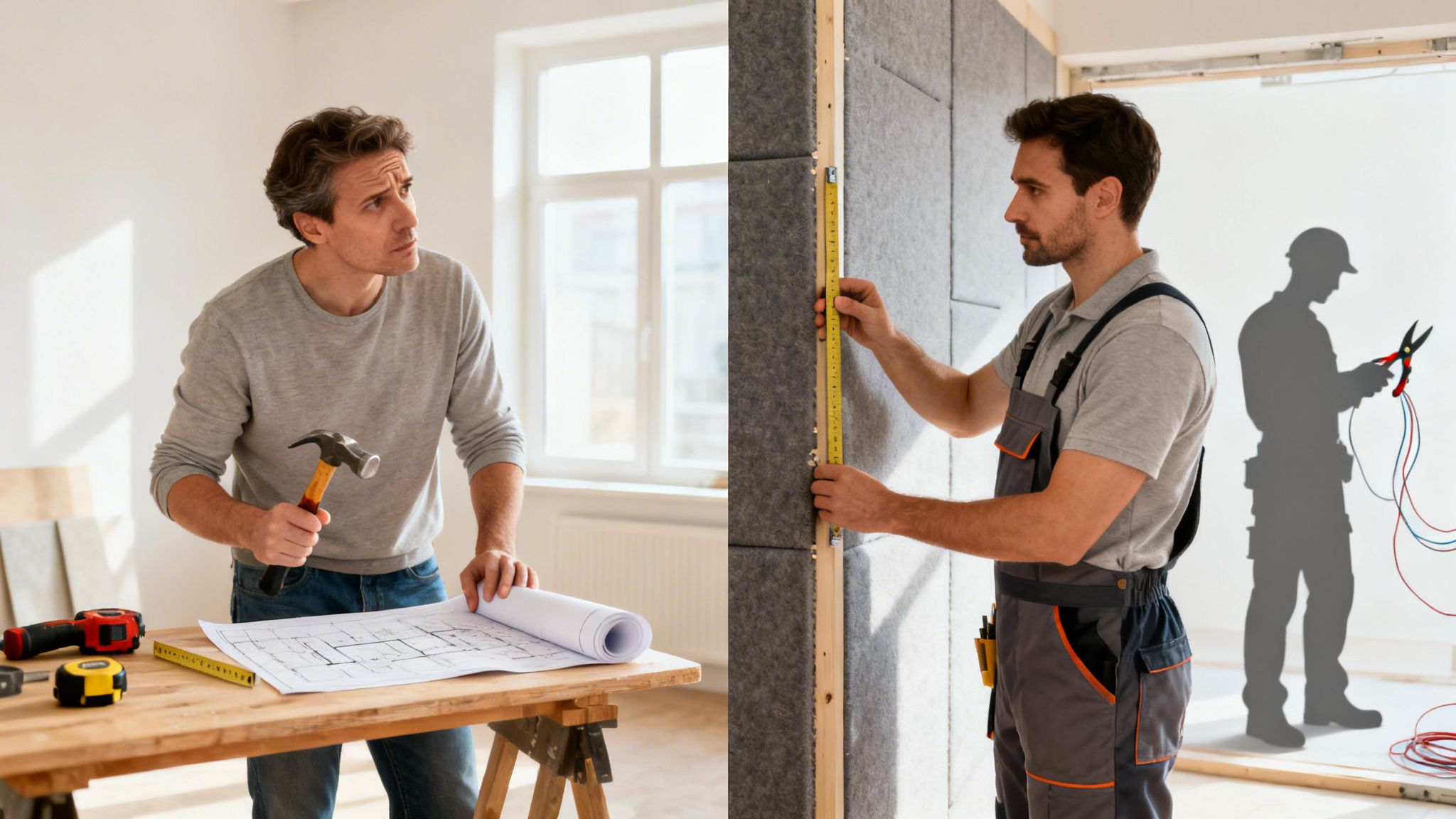 Tømrer måler væg for støjdæmpning i et byggeri.