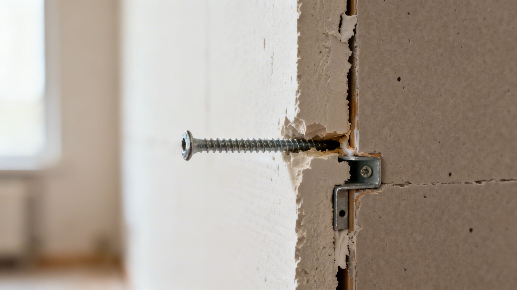 Nærbillede af en væg med synlige skruer og isolering til støjdæmpning.