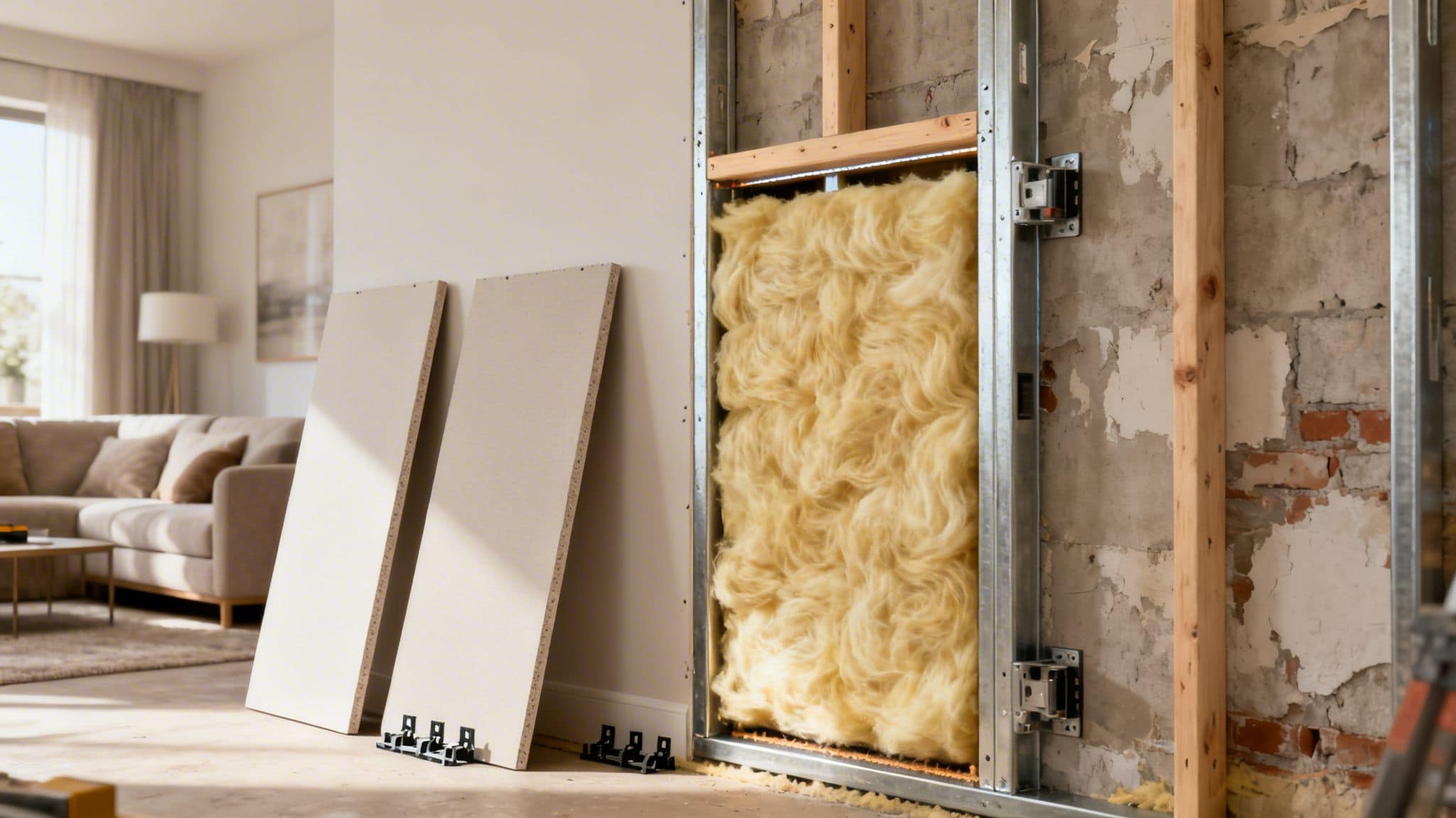 Væg med lydisoleringsmateriale til støjdæmpning i boligen.