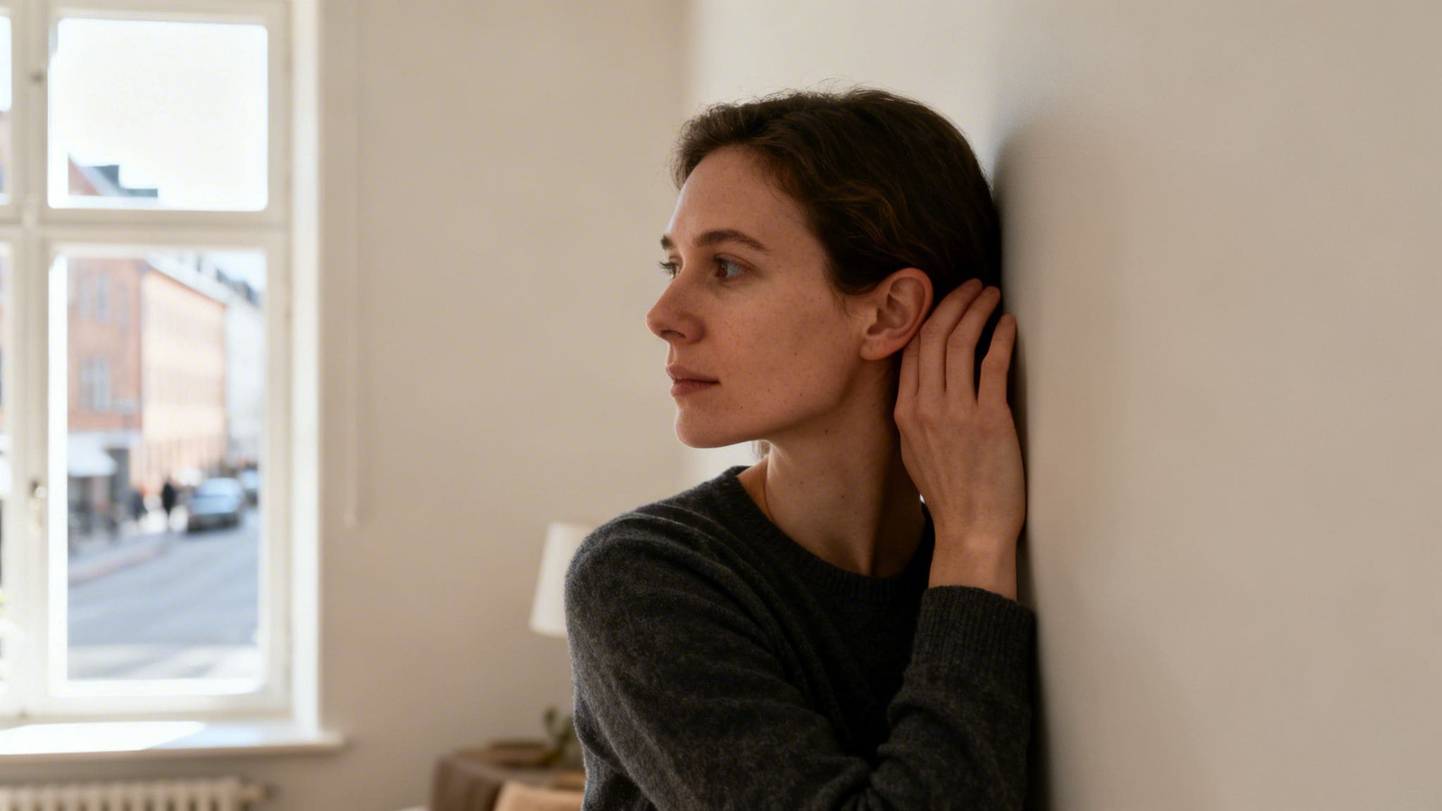 Kvinde lytter til støjdæmpende væg for mere ro i hjemmet.