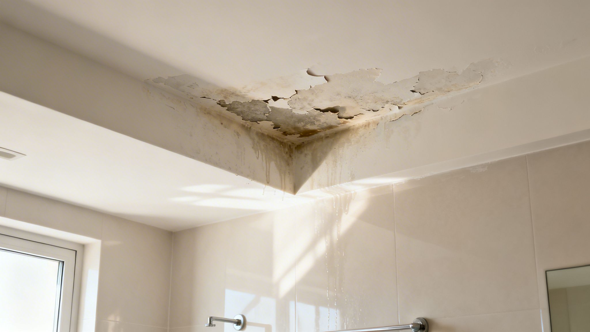 Synlig vandskade og skimmel i badeværelsesloft med dryppende vand og afskallende maling.