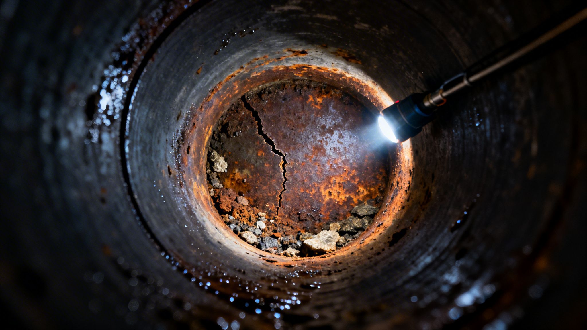 Nærbillede af et rustent og beskadiget rør med en stor revne i bunden, oplyst af en lommelygte.