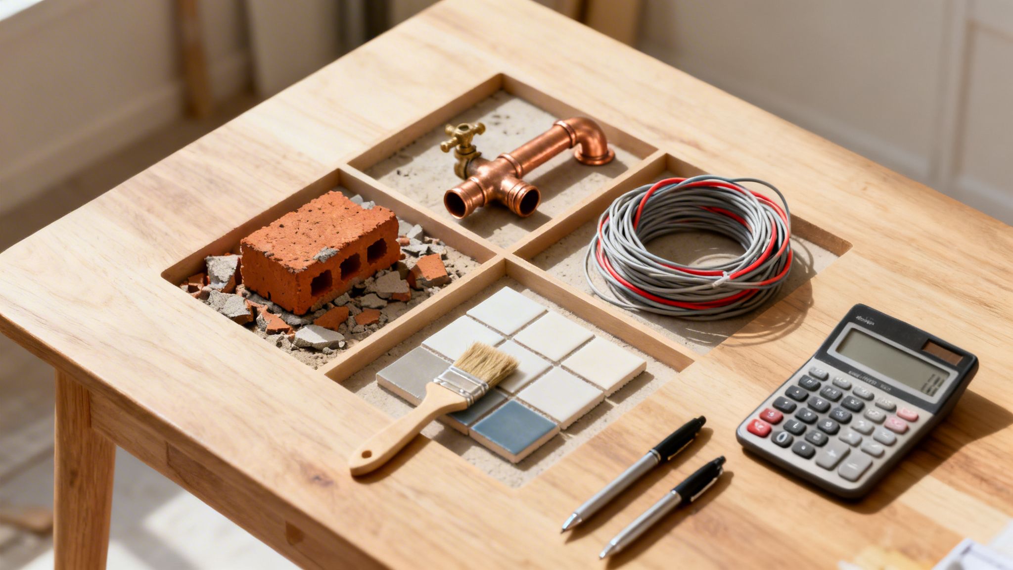 Byggematerialer som mursten, rør, kabler og fliser på et træbord med en lommeregner, hvilket illustrerer entrepriseplanlægning.