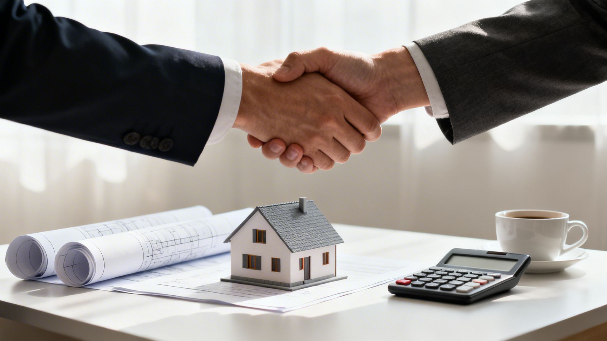 To forretningsfolk giver hånd over et bord med en husmodel, byggetegninger, en lommeregner og kaffe.