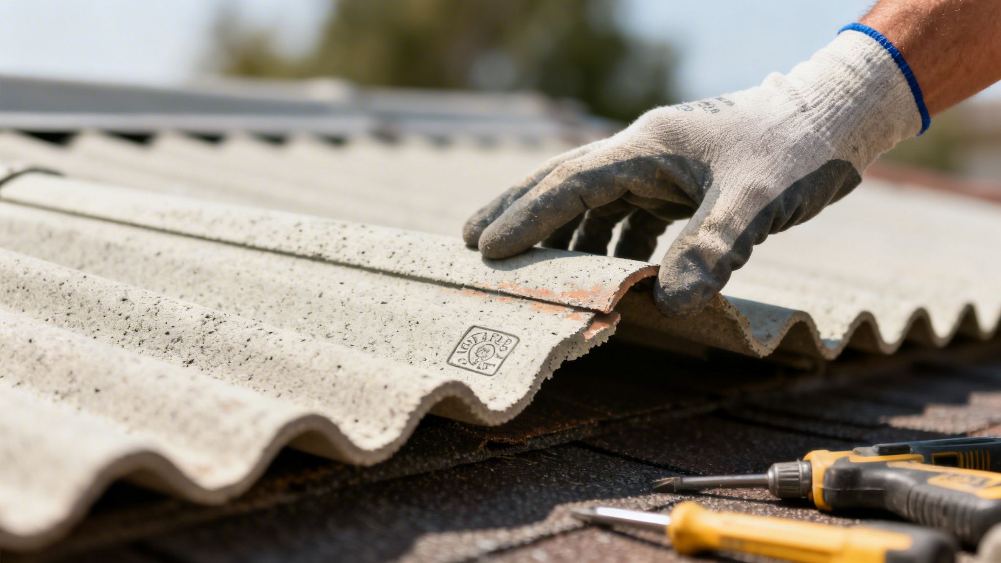 Person med arbejdshandske håndterer en gammel bølgeeternitplade på et tag med værktøj.