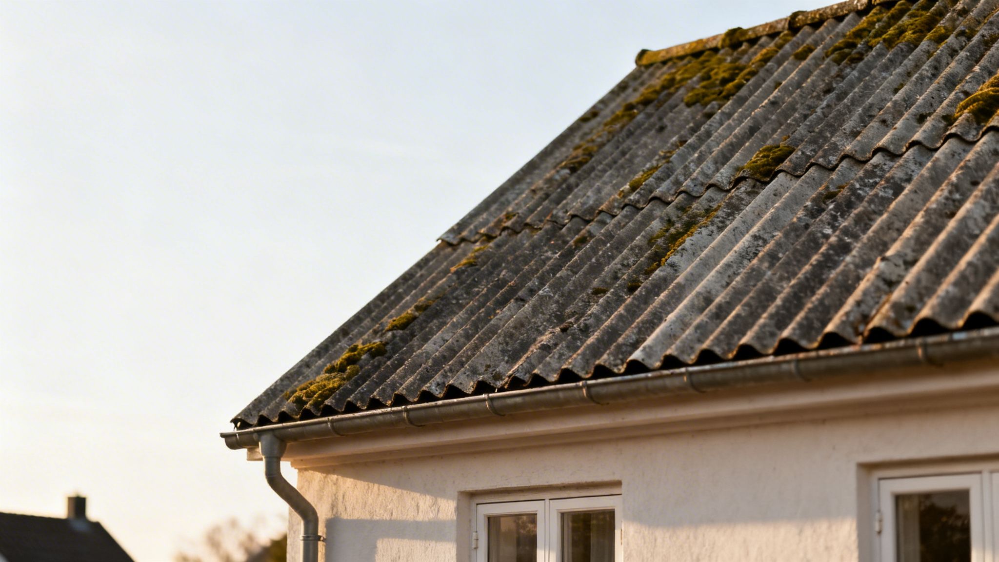 Et tæt billede af et ældre hustag med grå, mosede asbesttagplader i sollys.