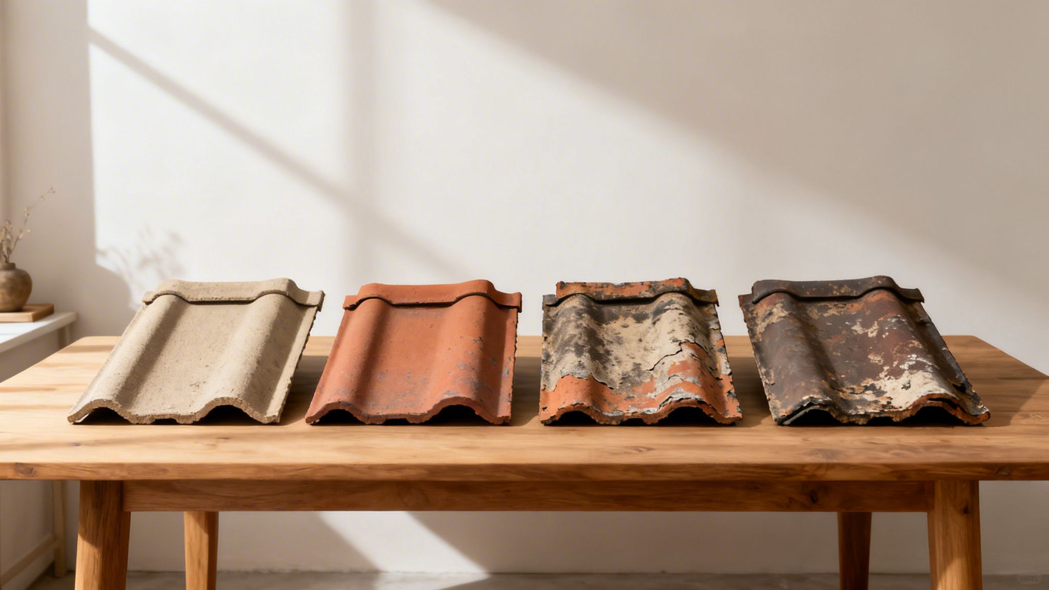 Fire gamle tagsten i forskellige farver og grader af forvitring ligger på et træbord i et lyst rum.