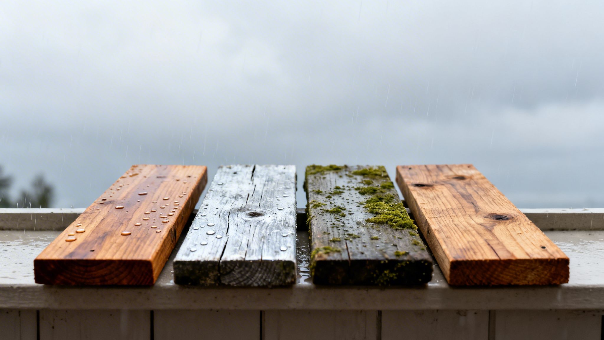 Fire våde træbrædder med regndråber og mos under en grå, regnfuld himmel.