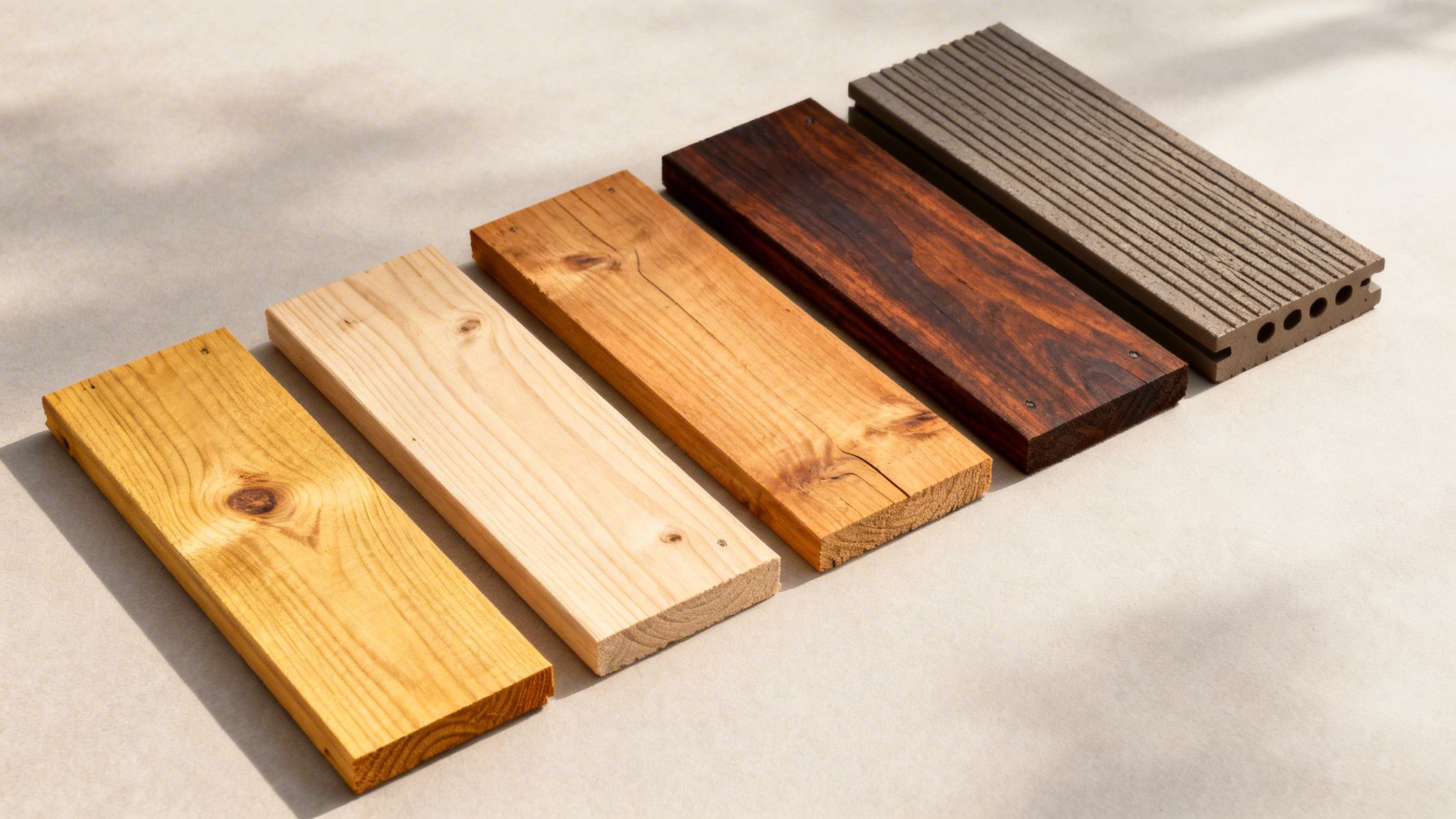 Forskellige typer træprøver og en komposit terrassebræt vist på en lys overflade.