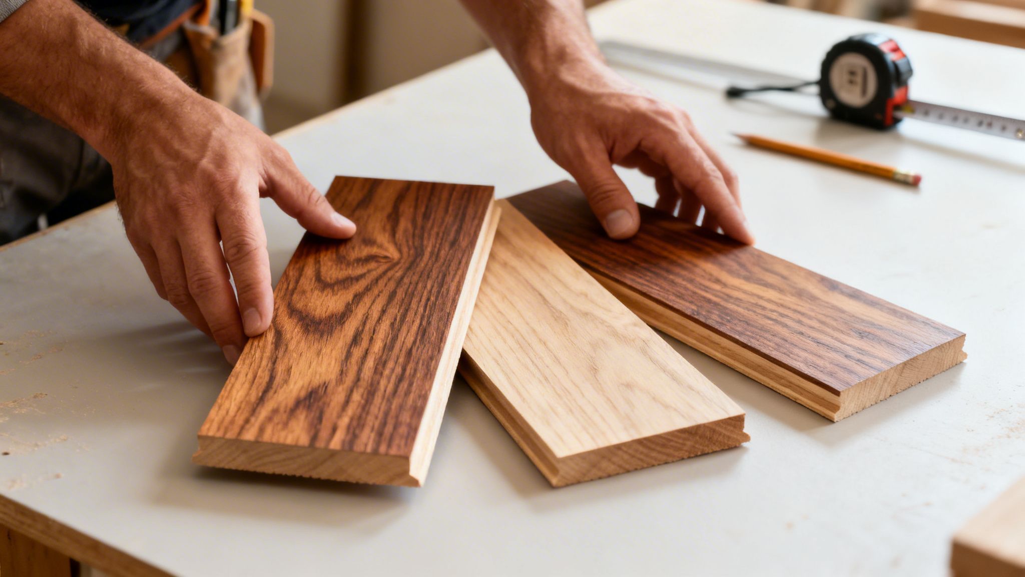 En person viser tre forskellige træprøver på et bord, med værktøj i baggrunden.