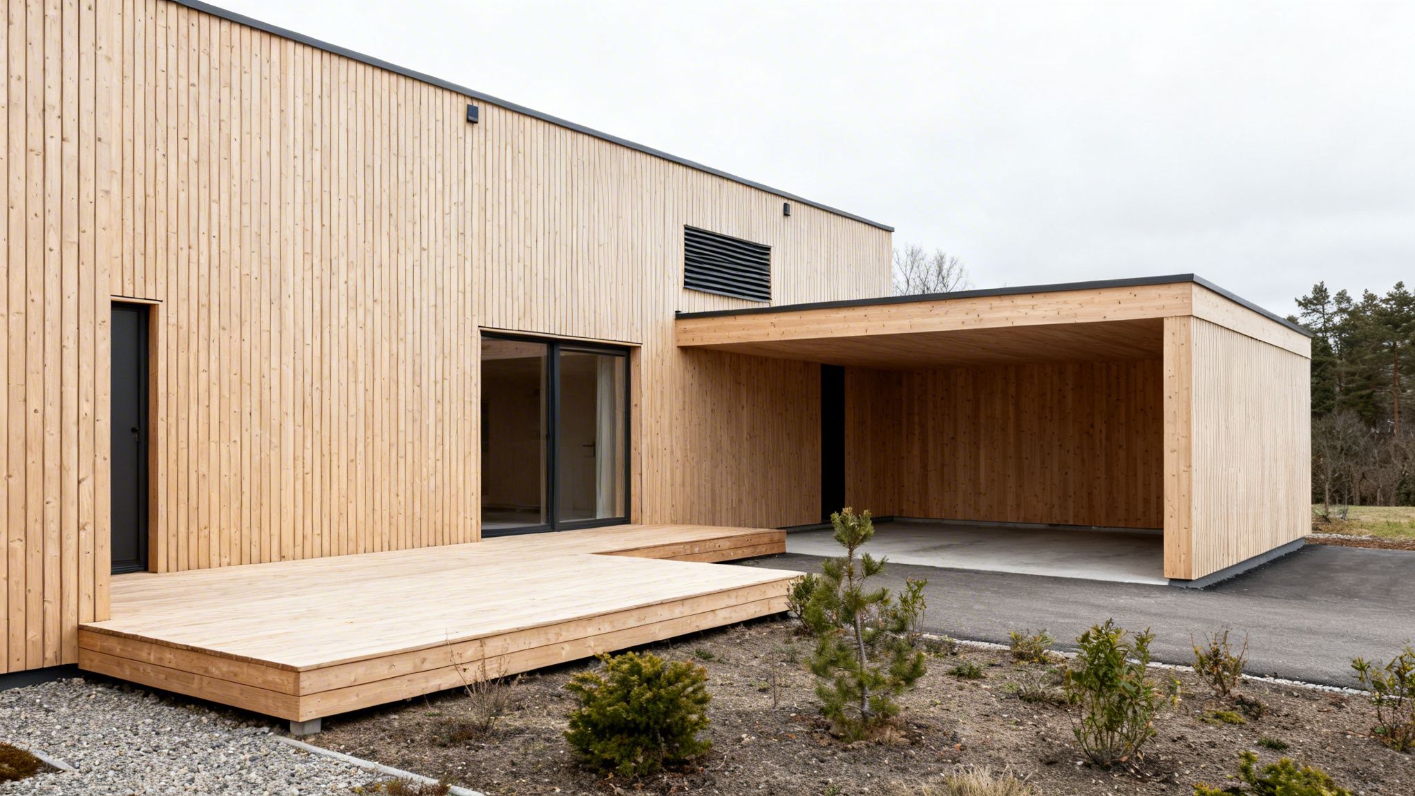 Moderne hus med lyse træpaneler, rummelig træterrasse og integreret carport under en overskyet himmel.