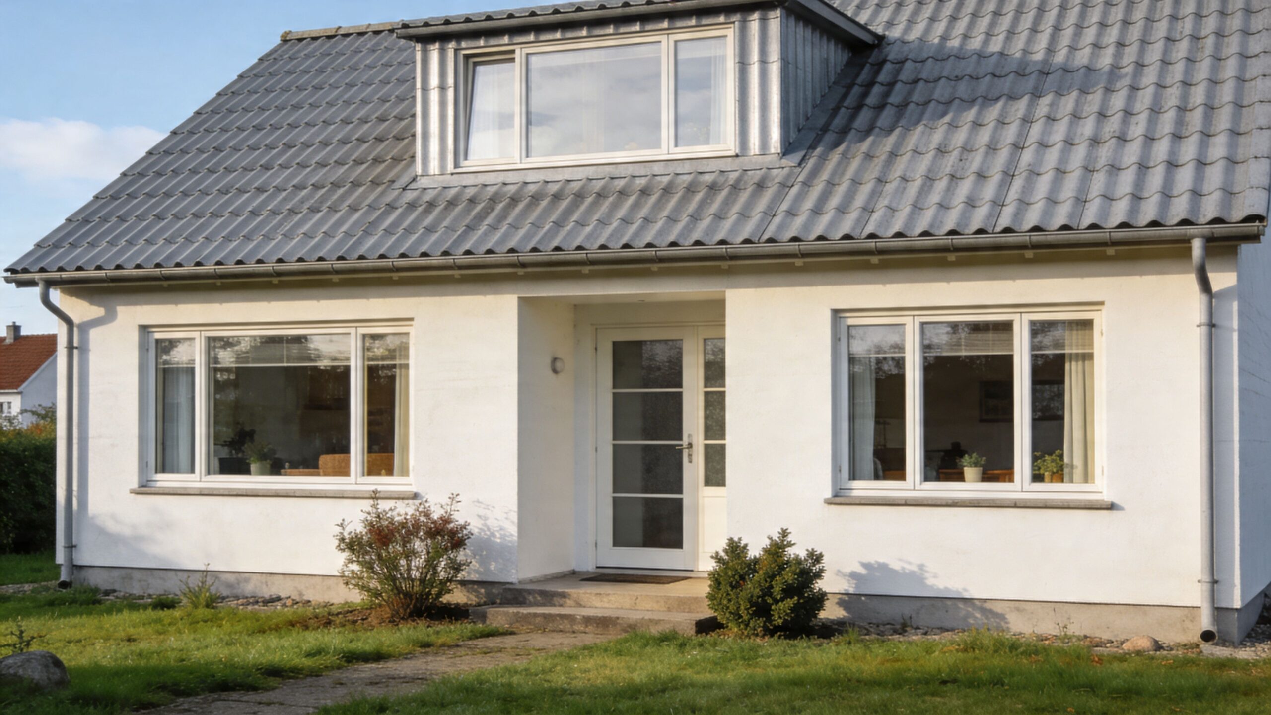 Et hvidt parcelhus med et gråt tag af bølgeeternitplader og en moderne hvid dør og vinduespartier.