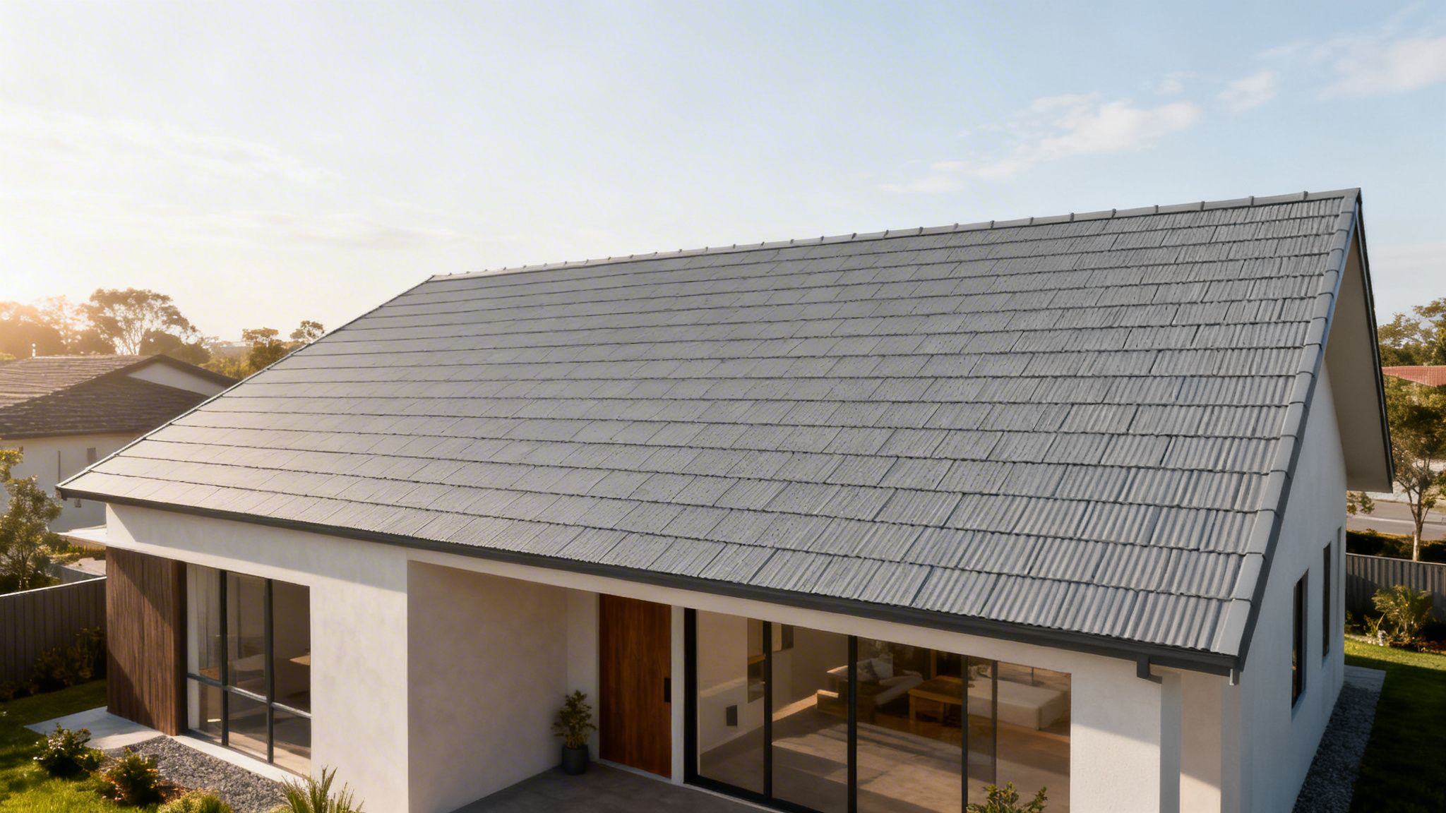 Et moderne parcelhus med et elegant gråt eternittag, der giver boligen et stilrent og vedligeholdelsesfrit udseende.