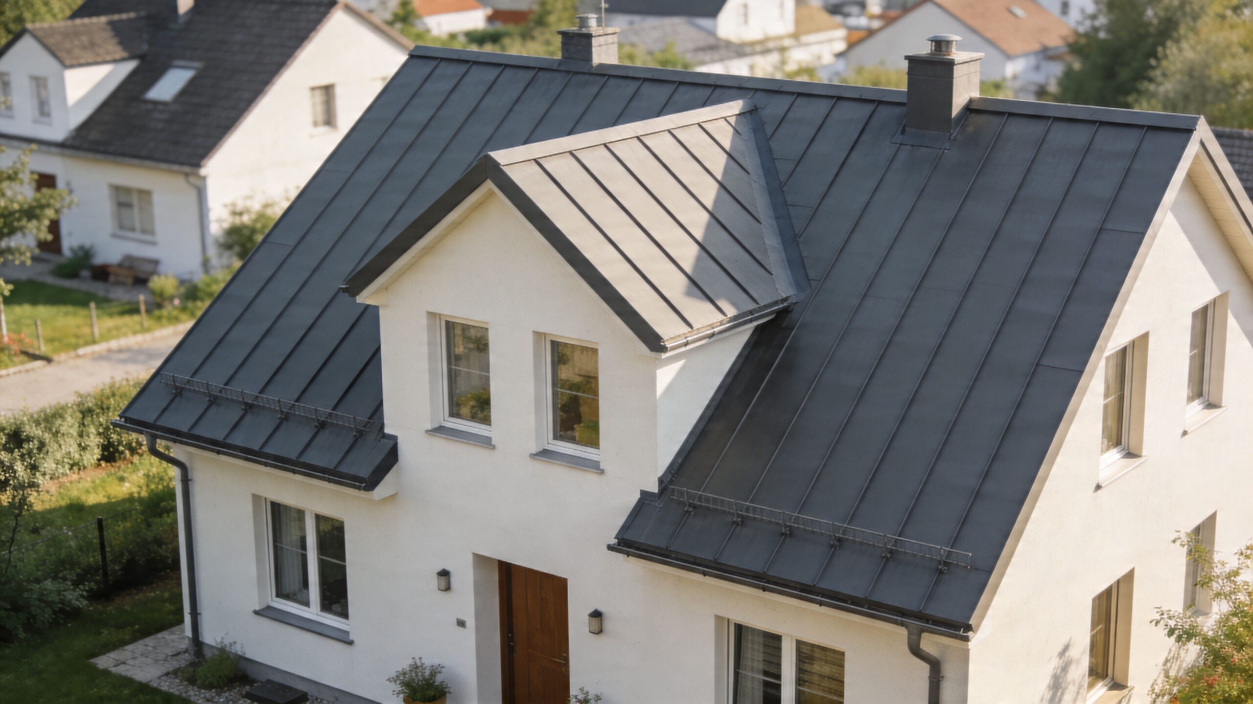 Et moderne hvidt hus med et mørkegråt tag af metalplader set fra en vinklet luftperspektiv.