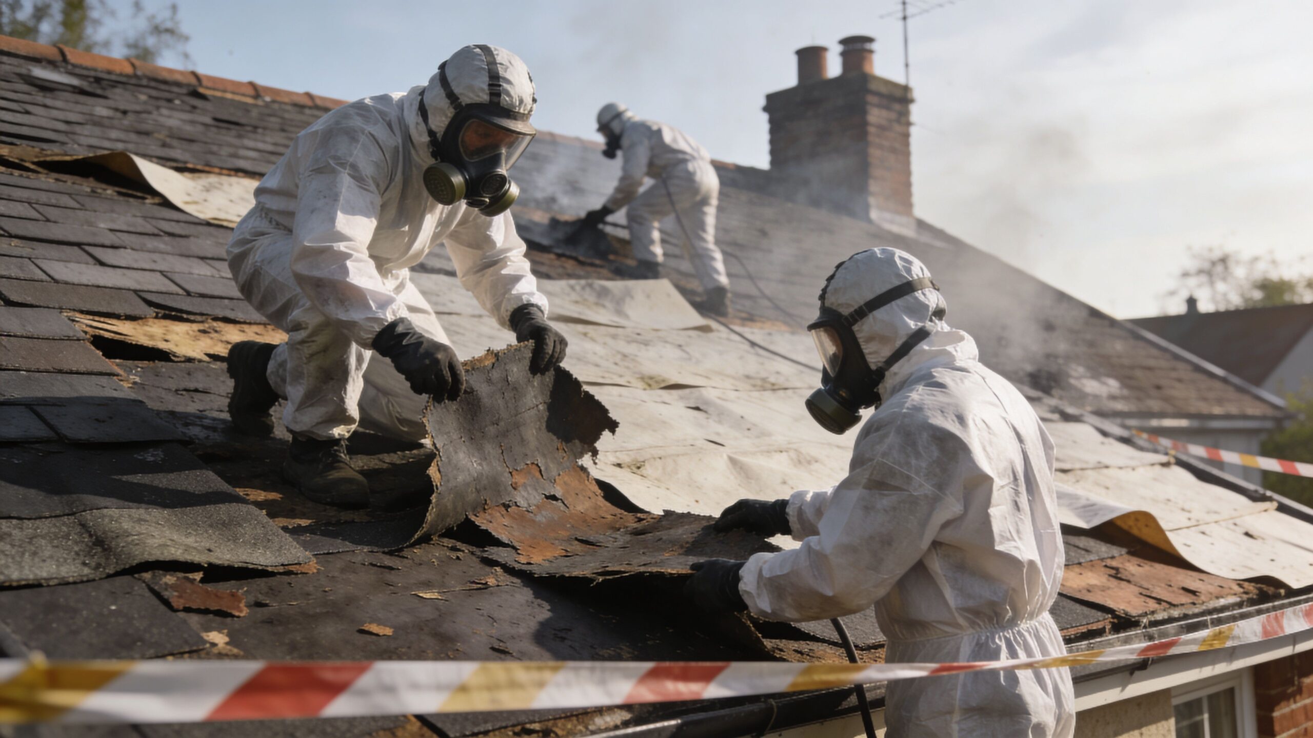 Arbejdere i beskyttelsesdragter og gasmasker fjerner asbesttagpap fra et hus under sikre forhold.