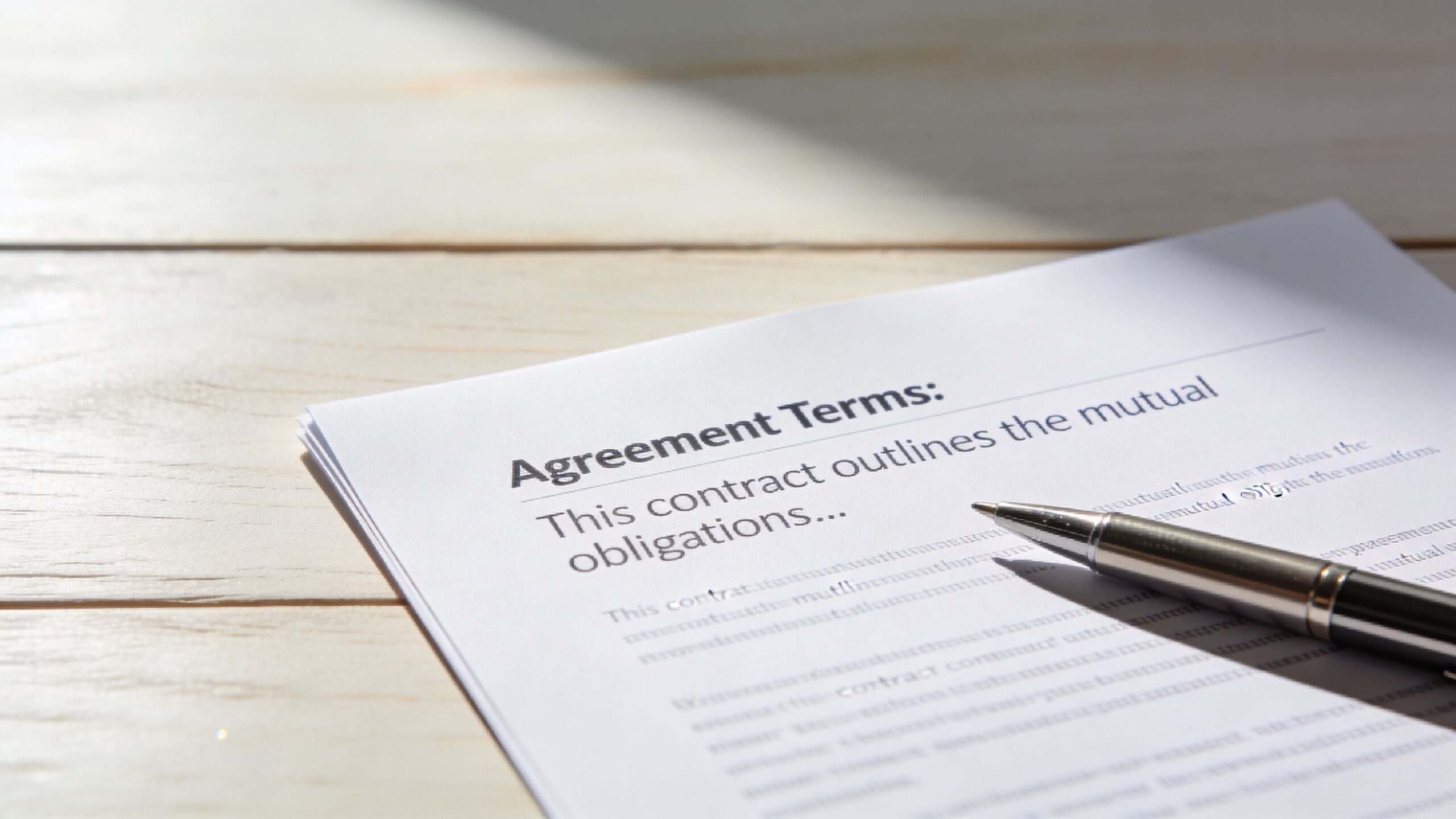 En kontrakt med overskriften 'Agreement Terms' og en sølvfarvet kuglepen placeret på et lyst træbord.