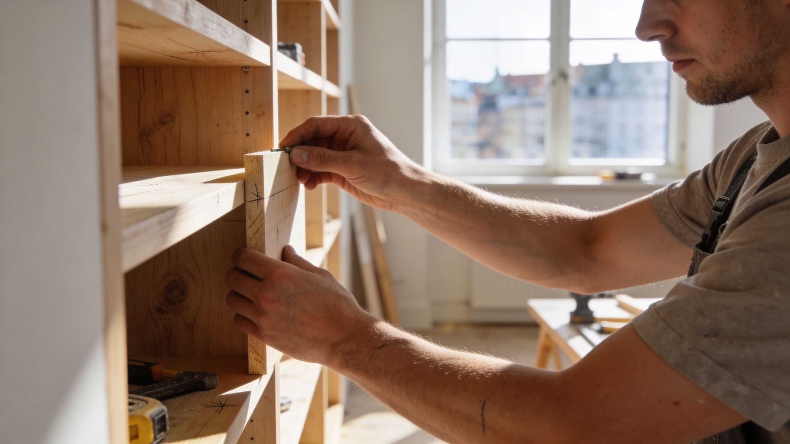 En tømrer og snedker, der omhyggeligt monterer en træhylde i en reol under en renovering af et rum.
