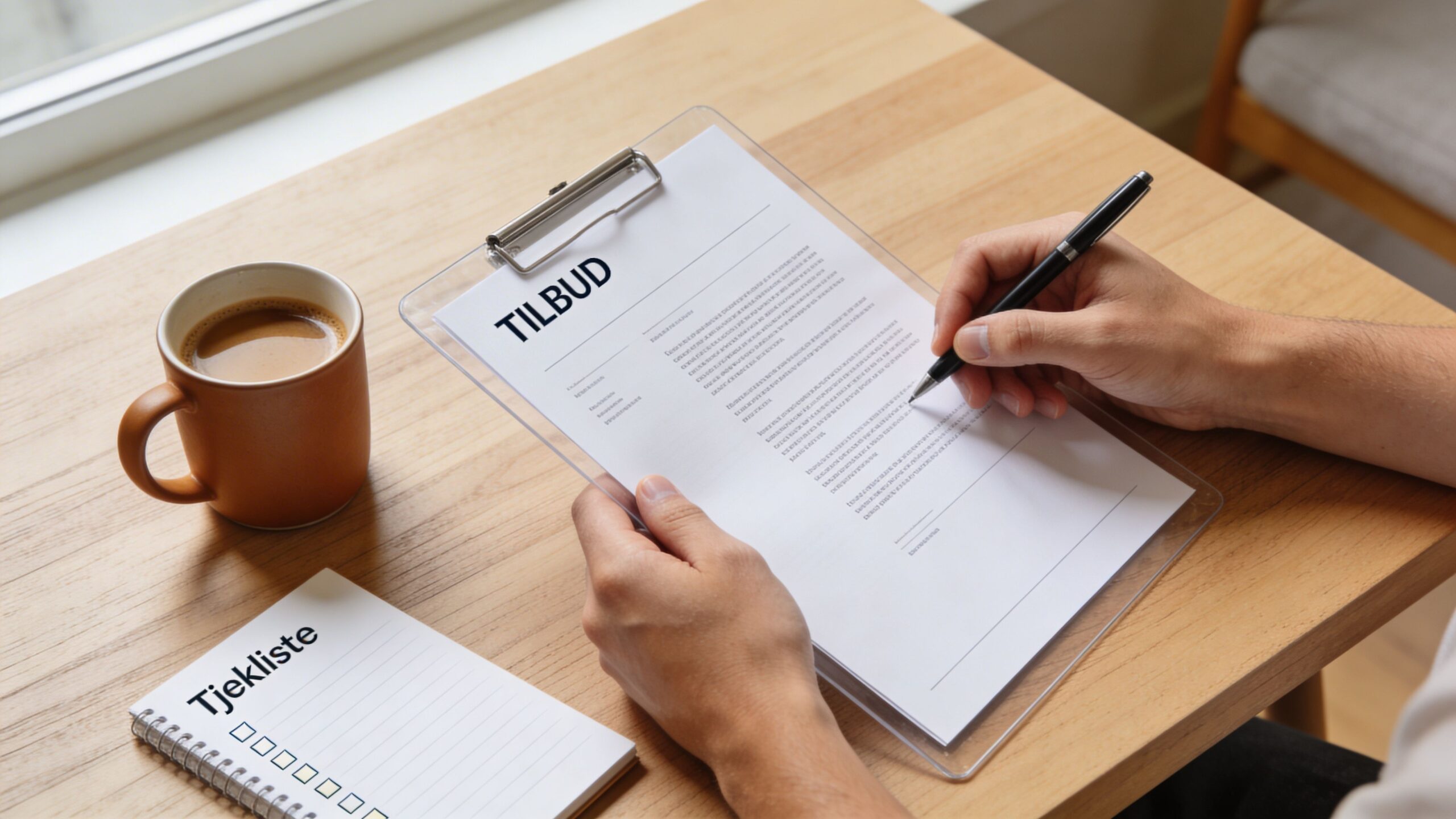 En person underskriver et tilbudsdokument ved et træbord med en kop kaffe og en tjekliste ved siden af.