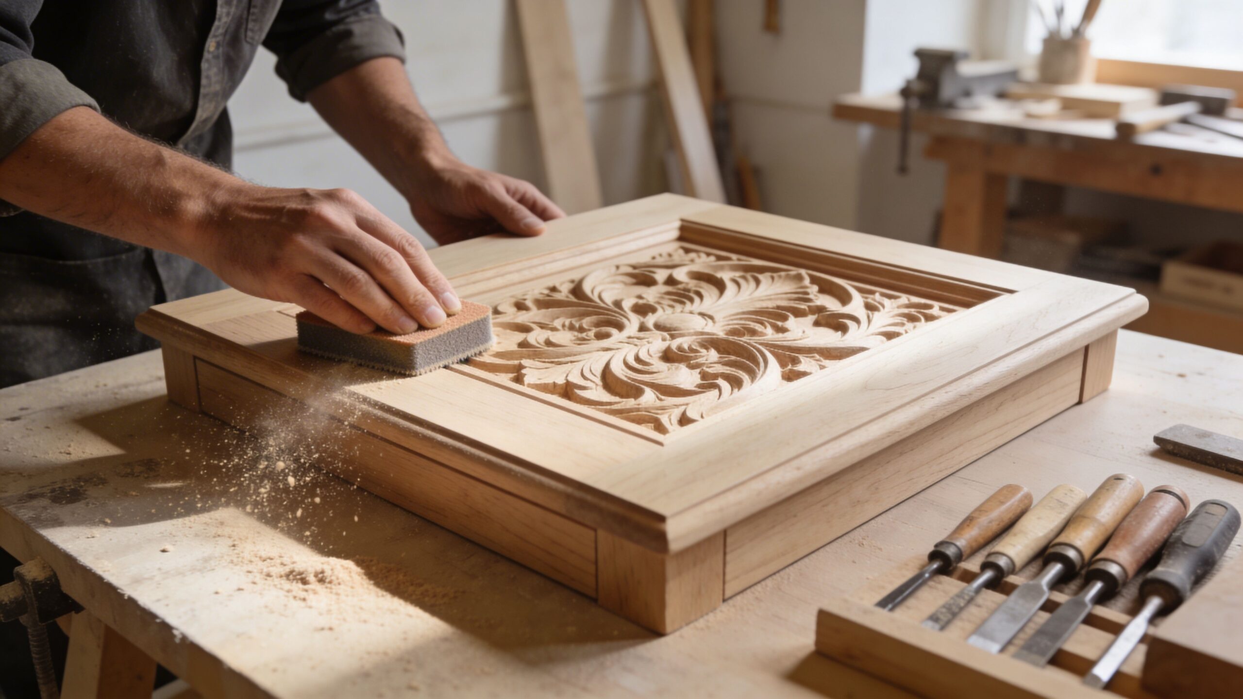 En snedker arbejder i sit værksted med at slibe et flot udskåret træpanel med en slibeklods.