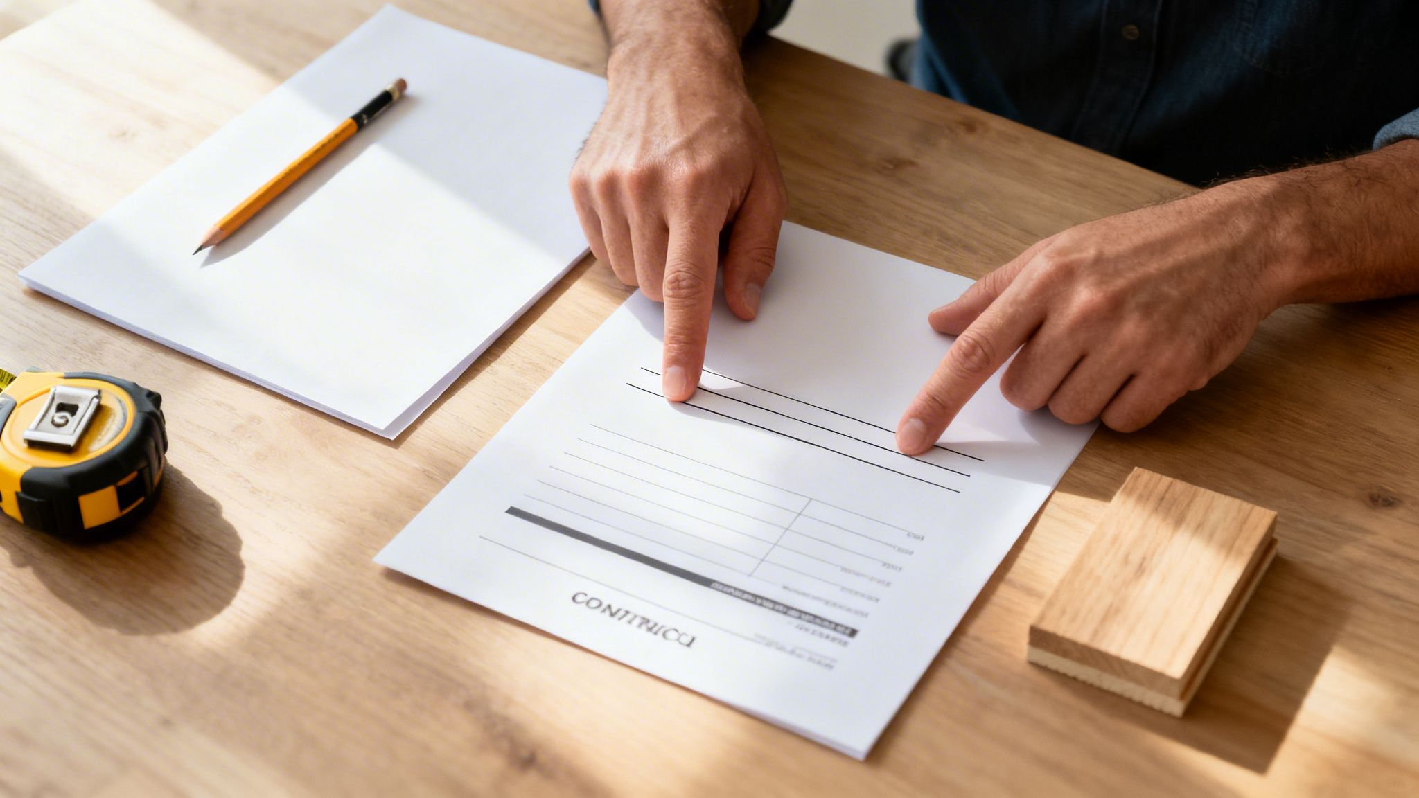 Mands hænder peger på et dokument med en målebånd og blyant på et træbord.