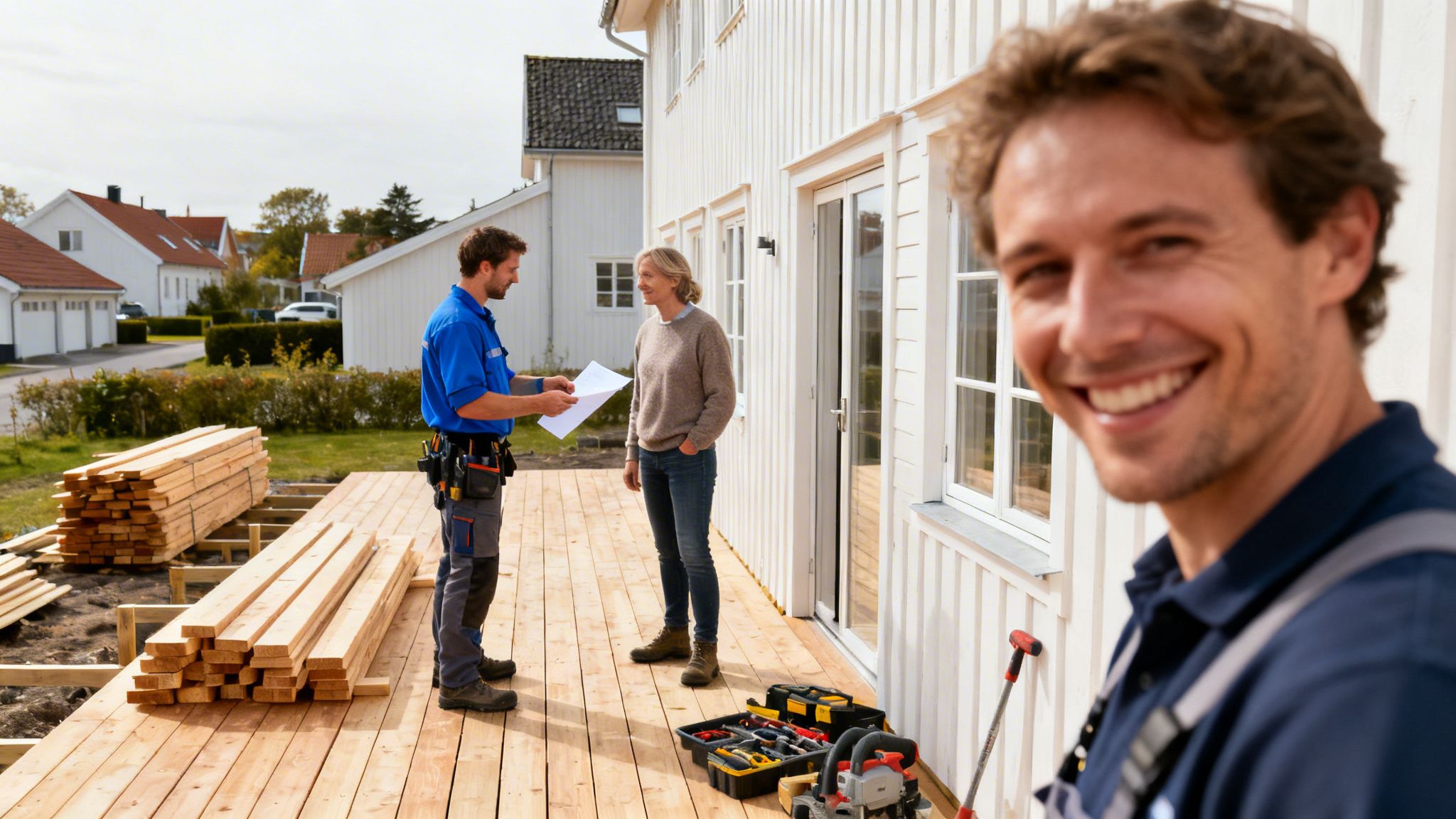 Tømrere bygger ny træterrasse foran hvidt hus, mens en kunde ser til. En tømrer smiler.