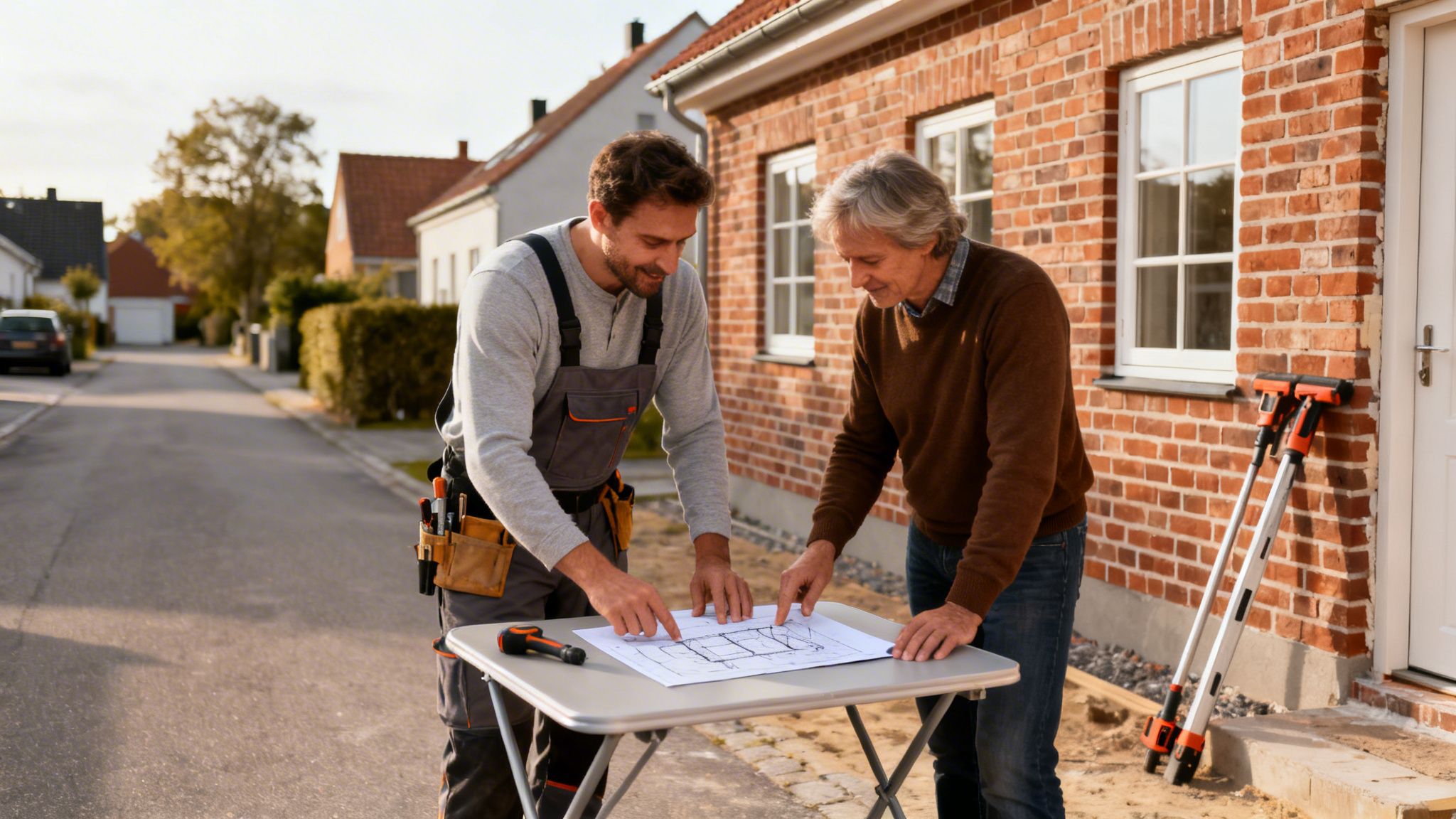 To mænd, en tømrer og en kunde, diskuterer byggeplaner foran et hus. De kigger på tegninger på et bord.