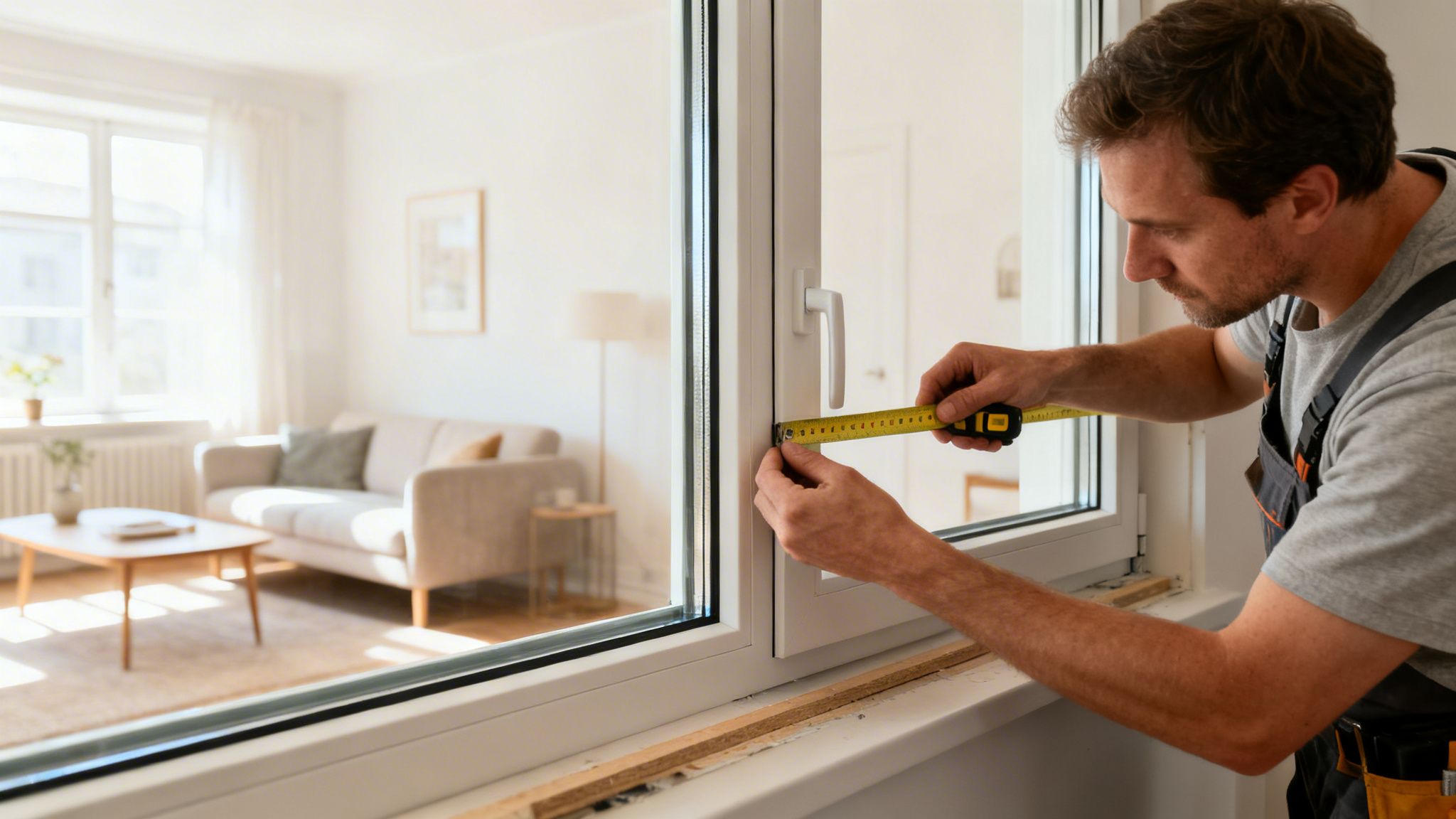 En mandlig håndværker måler et vindue med målebånd. Han arbejder på en hvid vinduesramme i et lyst rum.