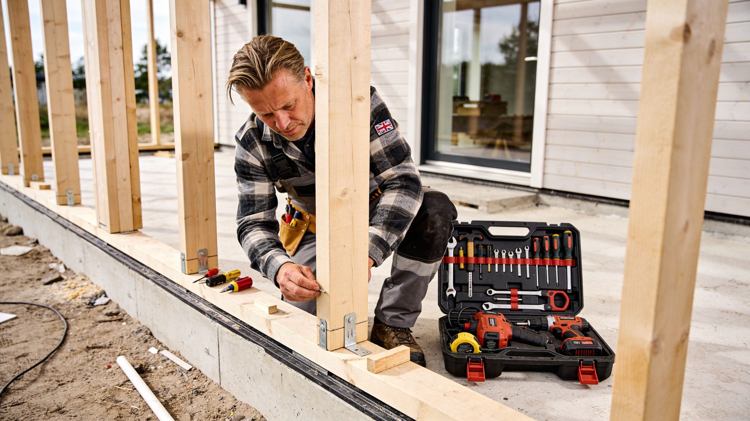 En professionel tømrer i arbejdstøj, der arbejder med konstruktion af et træhus på en byggeplads udendørs.