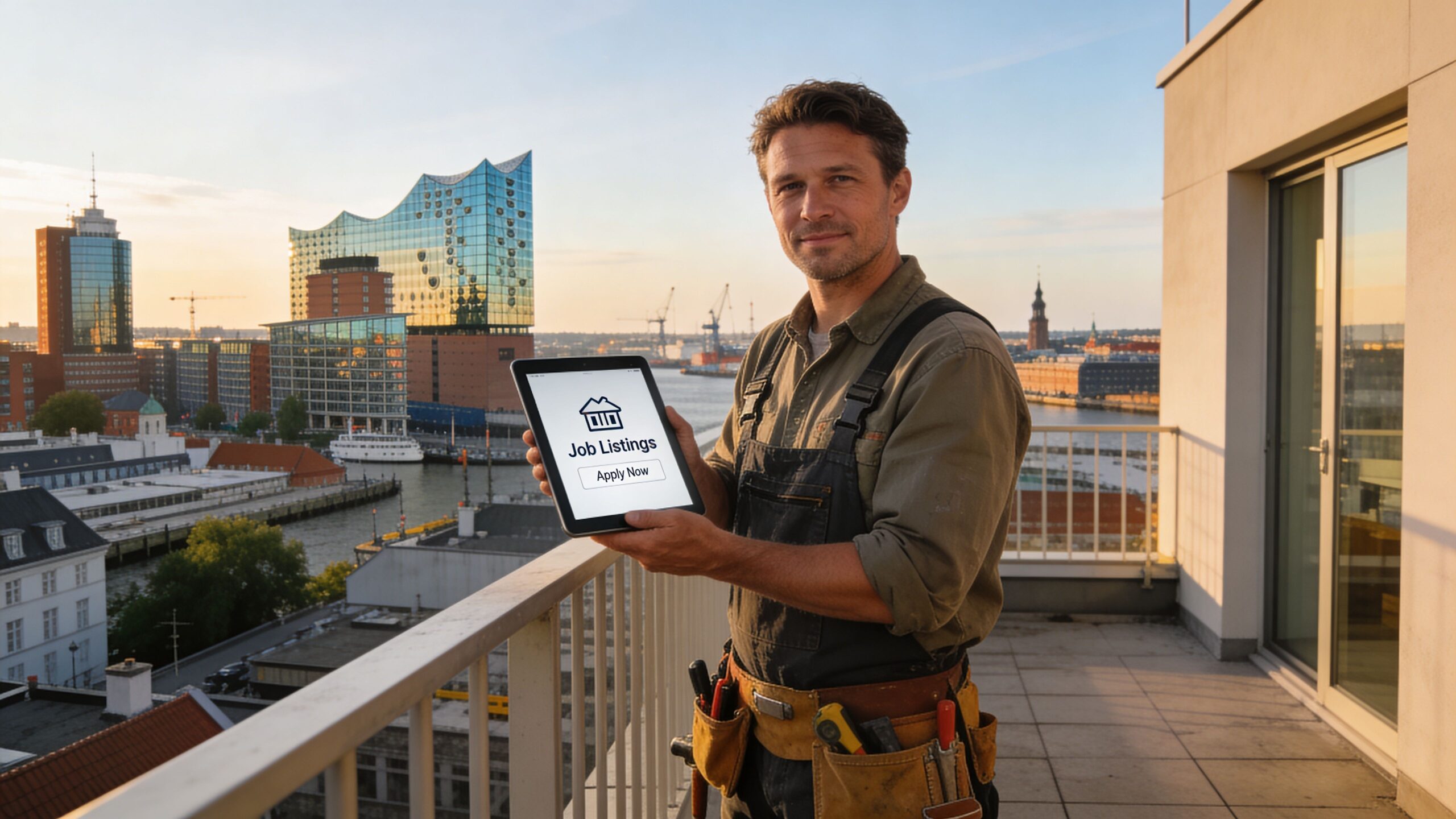 En smilende tømrer holder en tablet med et jobopslag, mens han står på en altan med havneudsigt.