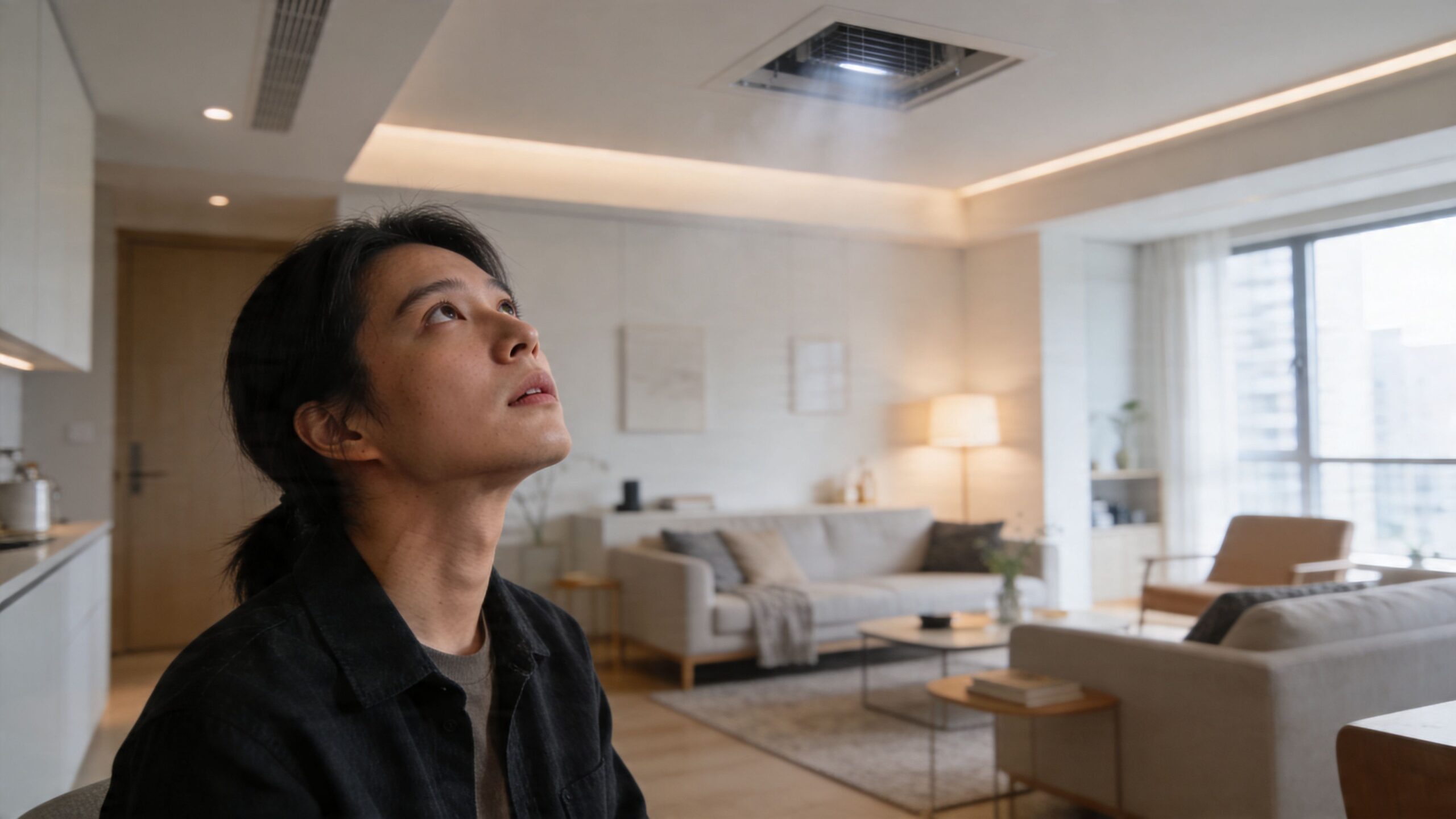 En ung asiatisk mand ser op mod et loftmonteret klimaanlæg eller en ventilationsenhed i en moderne stue.