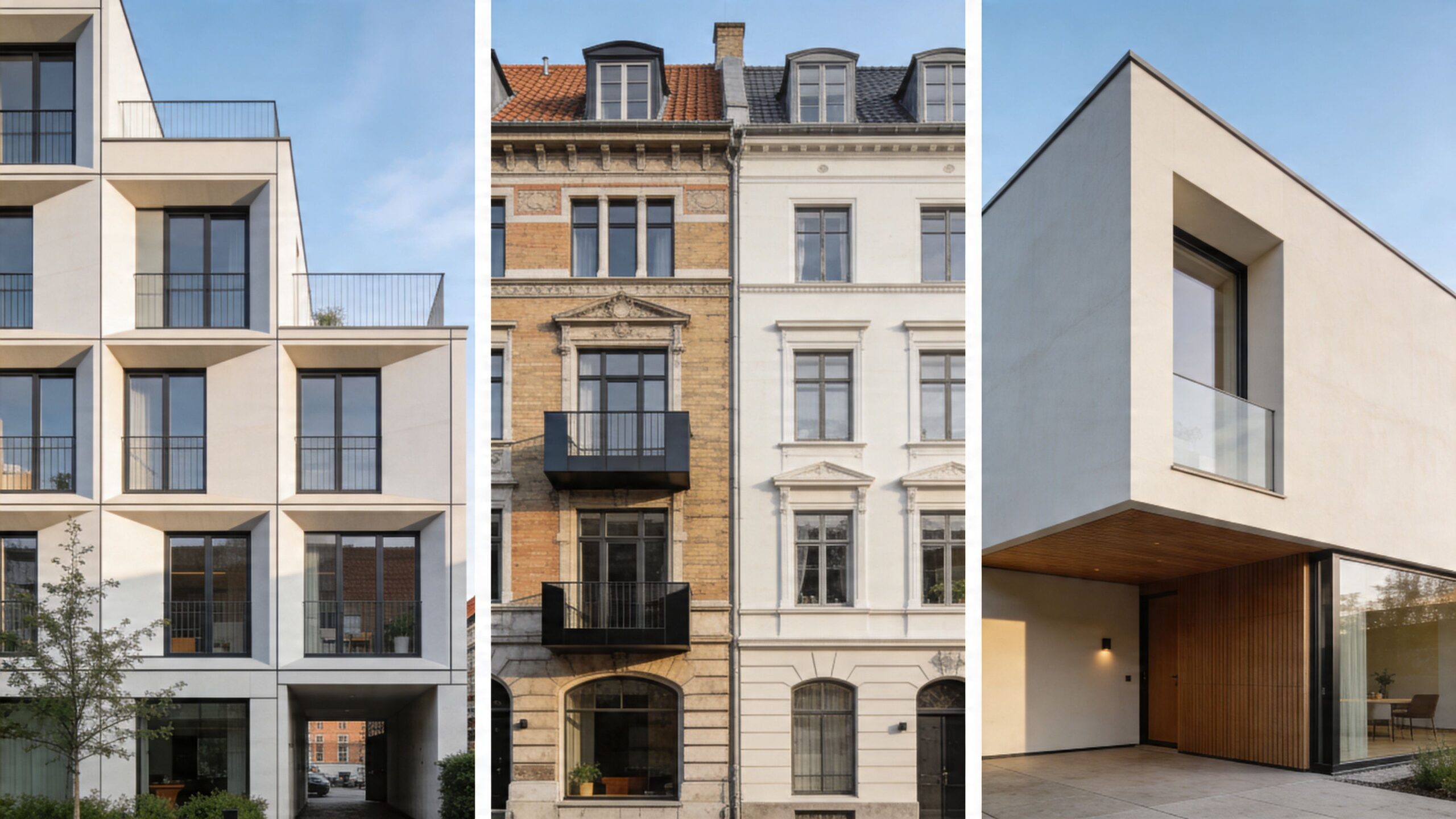 Kollage af moderne og historiske arkitektoniske bygninger i København, der viser forskellige stilarter af byudvikling og boligbyggeri.