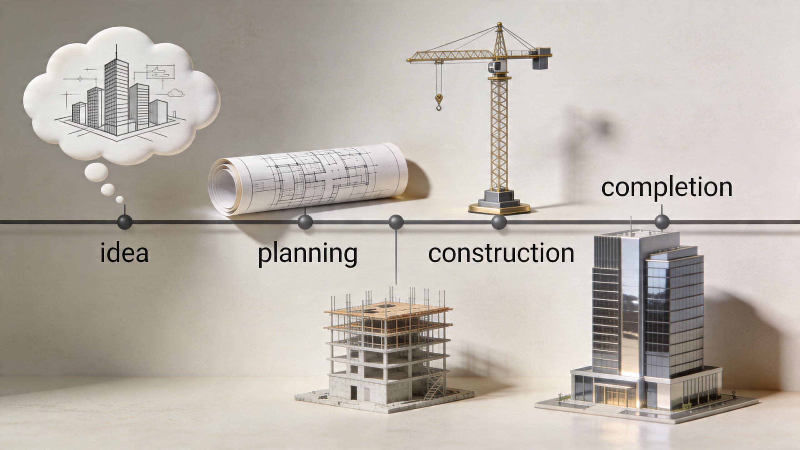 En grafisk tidslinje der illustrerer processen for byggeprojekter fra idé og planlægning til konstruktion og færdiggørelse.