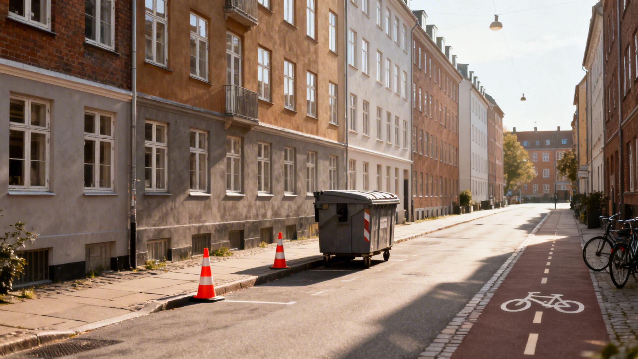 En gade i en europæisk by med gamle bygninger, en grå affaldscontainer, orange trafikkegler og en cykelsti.