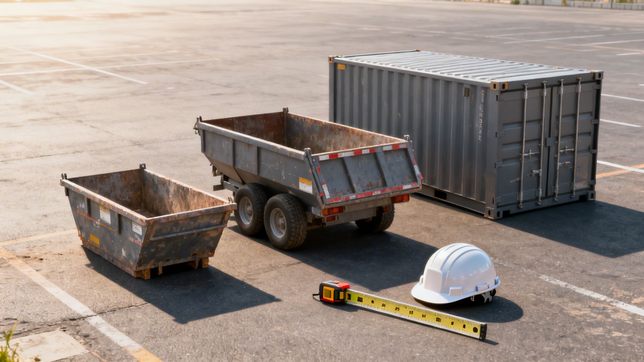 Container, dumper og affaldscontainer med hjelm og målebånd på en asfalteret overflade.