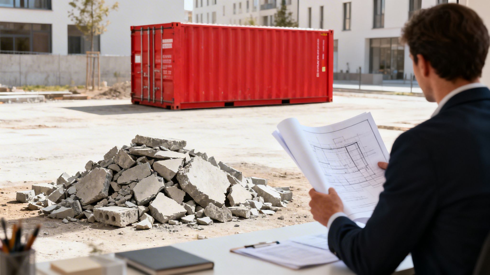 Mand ser på tegninger ved et skrivebord, med en bunke betonaffald og rød container på byggeplads.