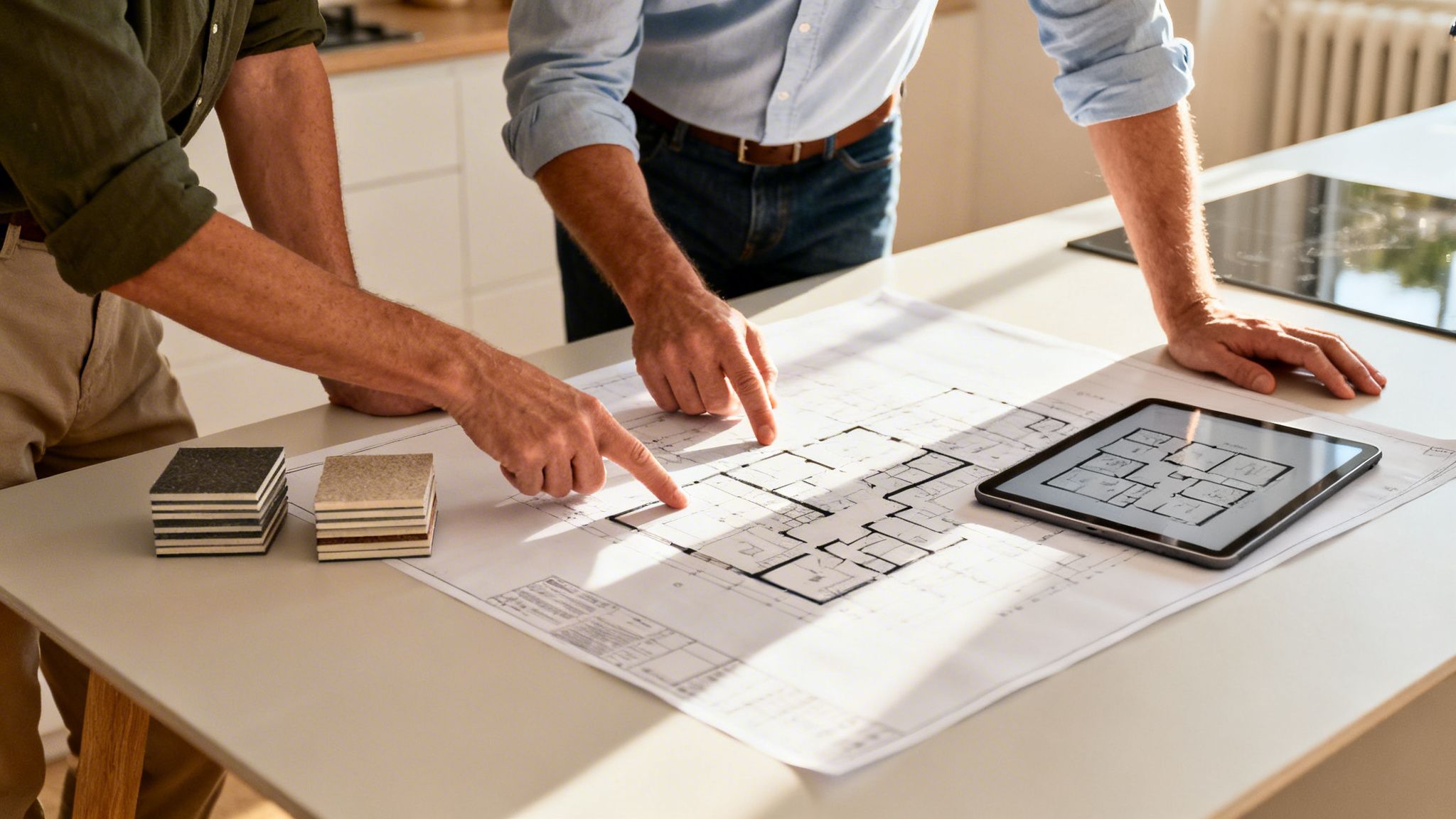 To mænd studerer byggeplaner og materialeprøver på et bord, mens de diskuterer projektet.