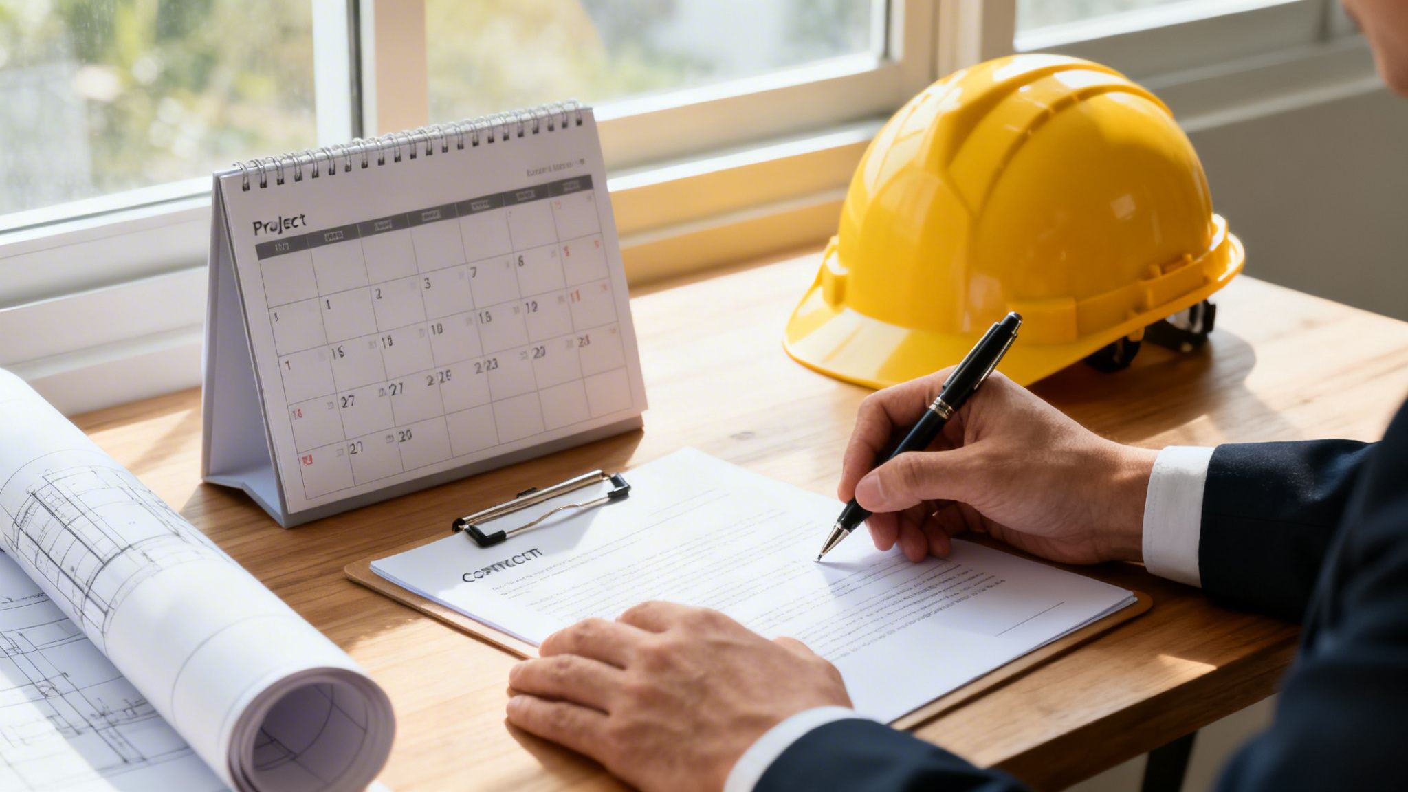 En entreprenør underskriver en kontrakt ved et skrivebord med byggematerialer, en kalender og en gul hjelm.