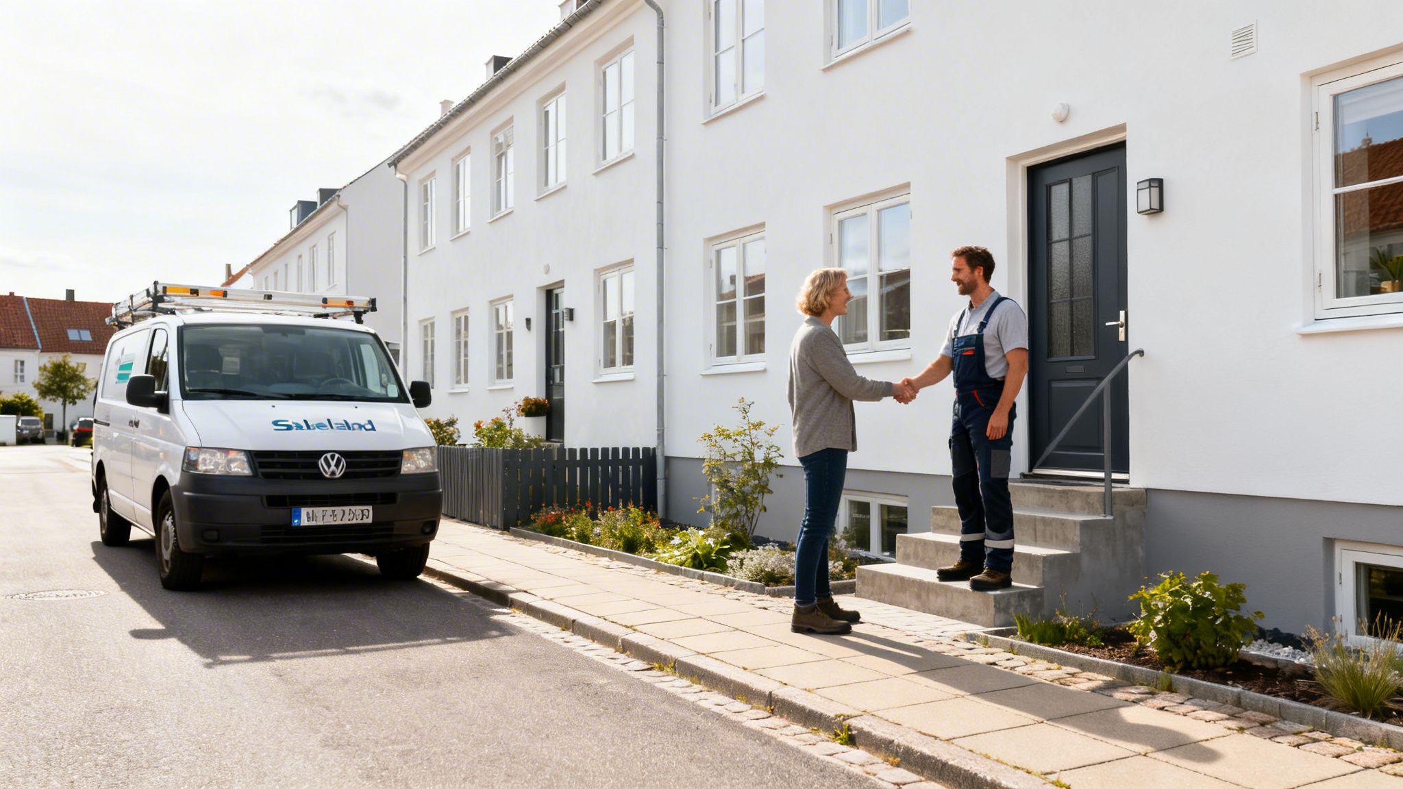 Mand i arbejdstøj håndtrykker med kvinde foran et hvidt hus med servicebil på gaden.