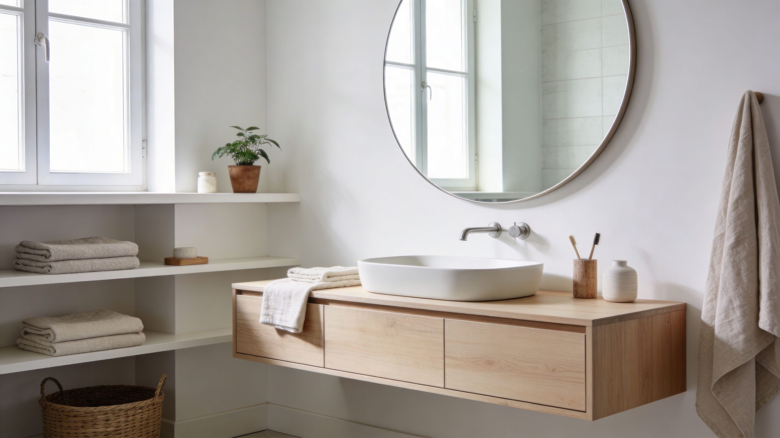 Moderne skandinavisk badeværelse med lyst træmøbel, hvid håndvask, rundt spejl og organiserede håndklæder på åbne hylder.