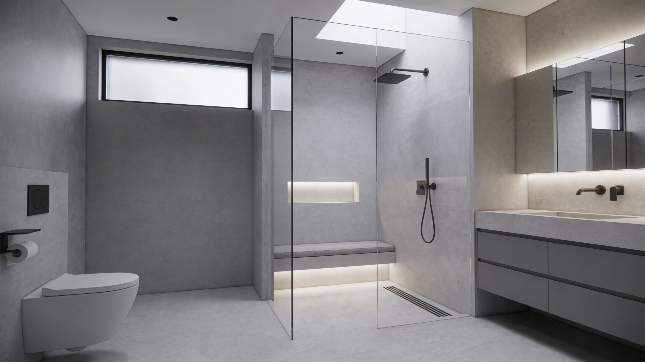 Moderne badeværelse i minimalistisk stil med betonvægge, glasbruser, indbygget bænk og elegant flydende vaskemøbel i grå toner.