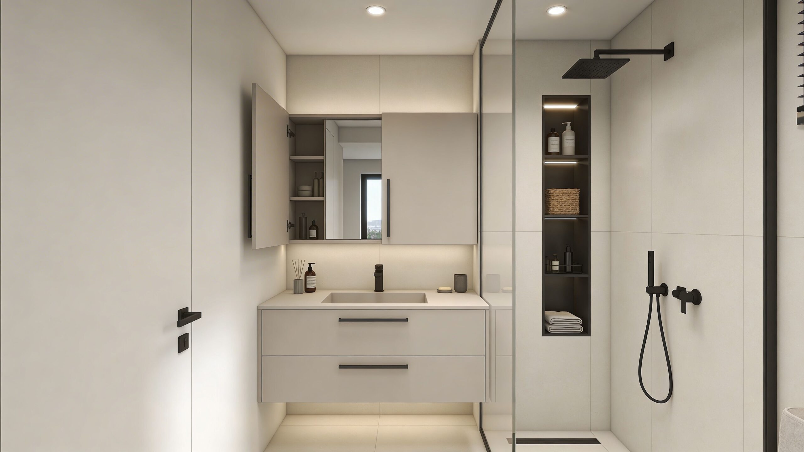 Moderne badeværelse i København med lyst inventar, indbygget skabsplads, sort armatur og stilren glasvæg til brusenichen.