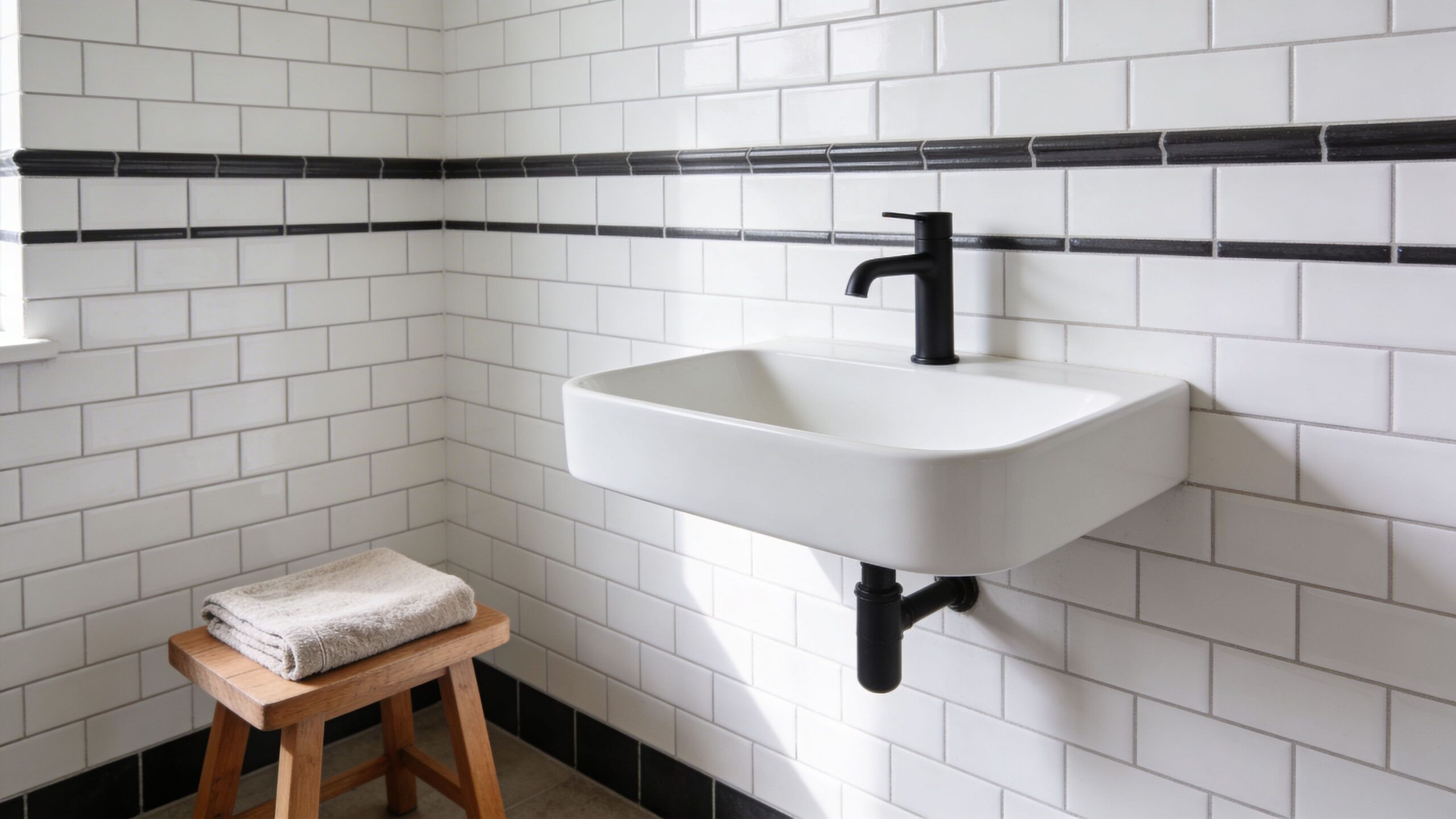 Moderne hvid håndvask monteret på væg i et badeværelse med hvide fliser og sort detaljestyring