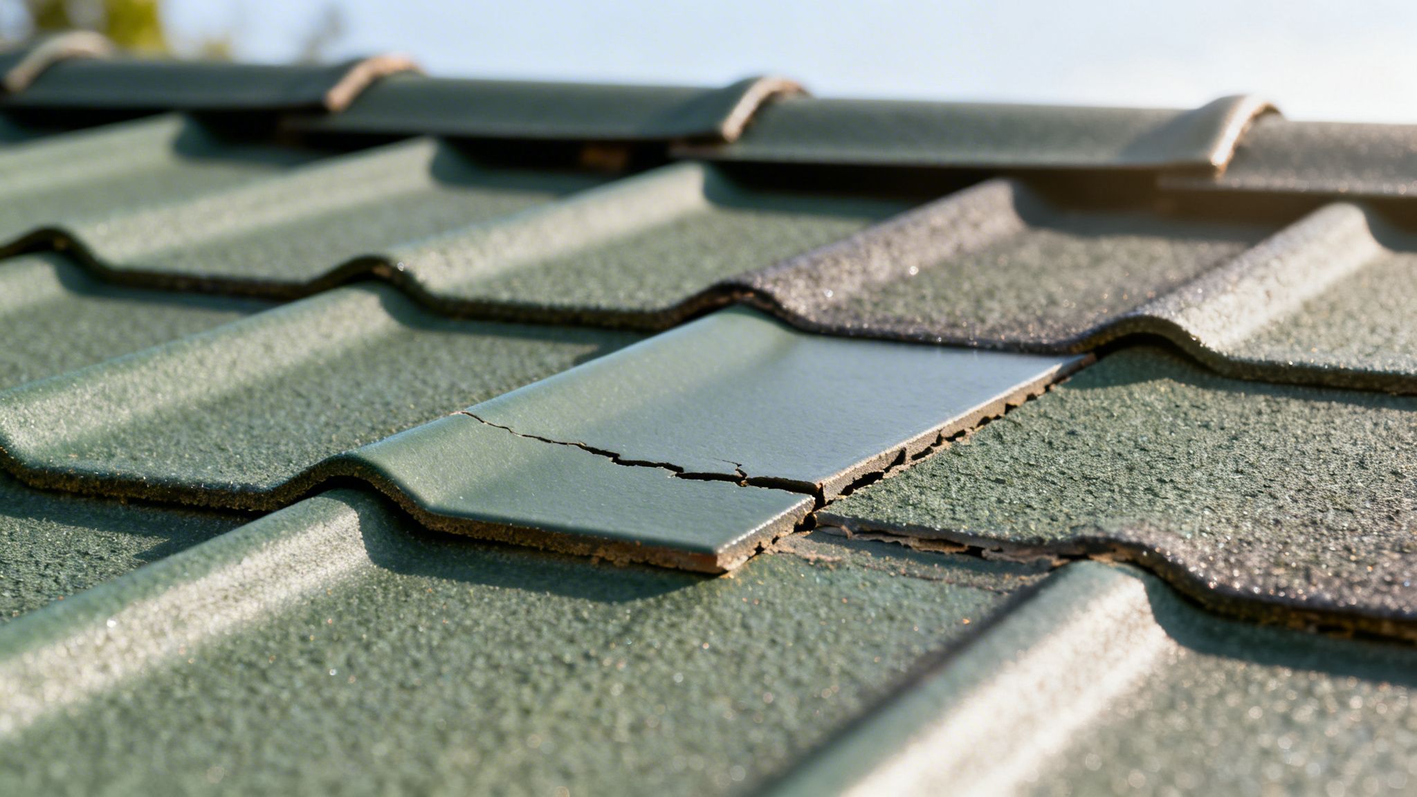 Nærbillede af en grøn tagplade af fibercement med tydelige revner og skader på et skråt tag.