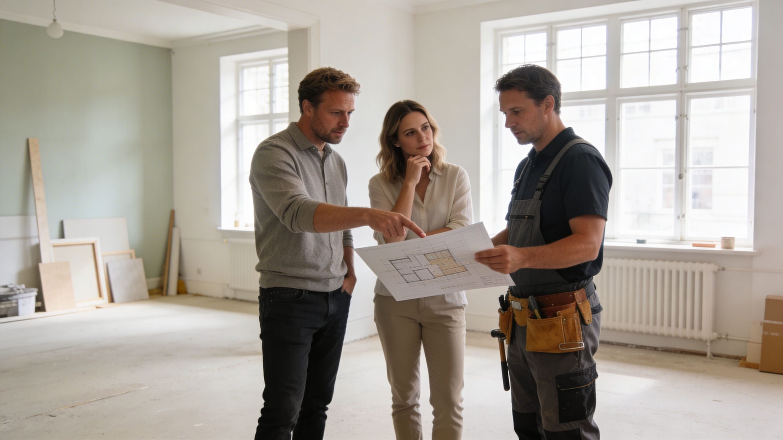 Par der diskuterer plantegning med en håndværker i en lejlighed under renovering i København.